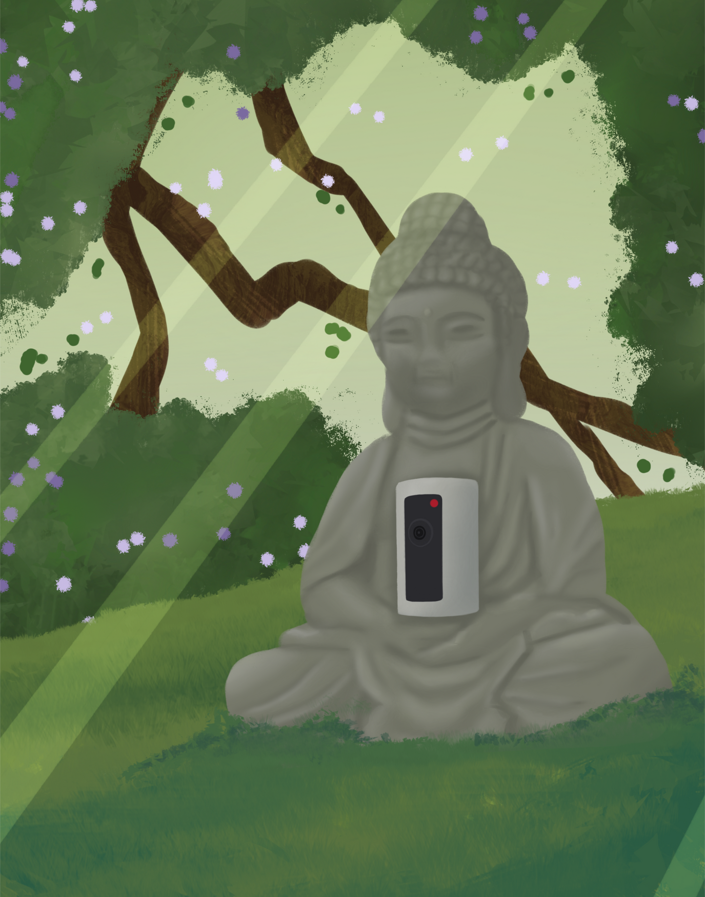 Illustration of a buddha statue with a security camera embedded into it, surrounded by trees, grass, and sunlight.