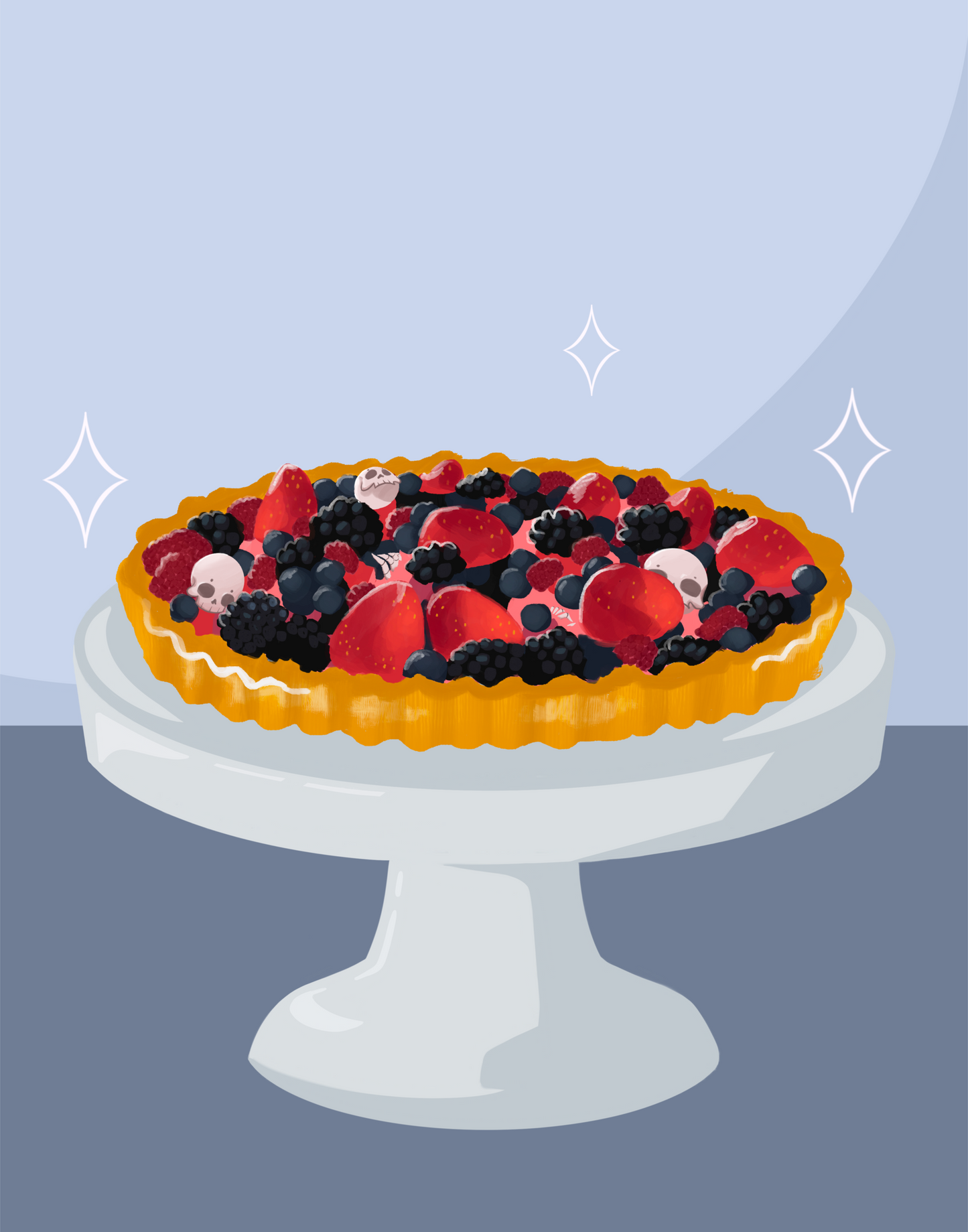 Illustration of a fruit tart filled with strawberries, blackberries, raspberries, blueberries, tiny skulls, and tiny hand bones on a gray cake stand against a light blue and dark blue background. Three sparkles surround the fruit tart.