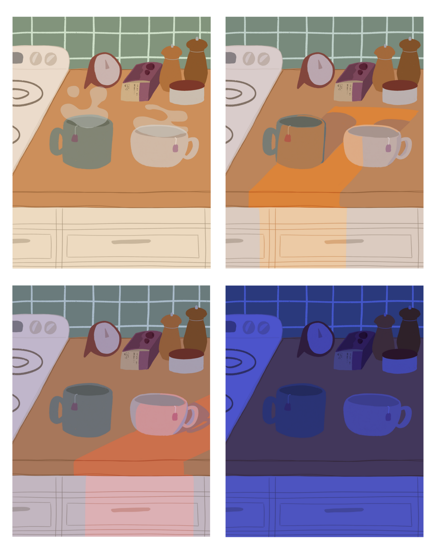 Four illustrations of a kitchen counter with two mugs holding tea bags in various lighting (morning, noon, evening and night). In the background are two pepper grinders, a tea box, a salt dish, and a timer. On the left is a white stovetop, white cabinet drawers at the bottom, and green tiles for the backsplash.