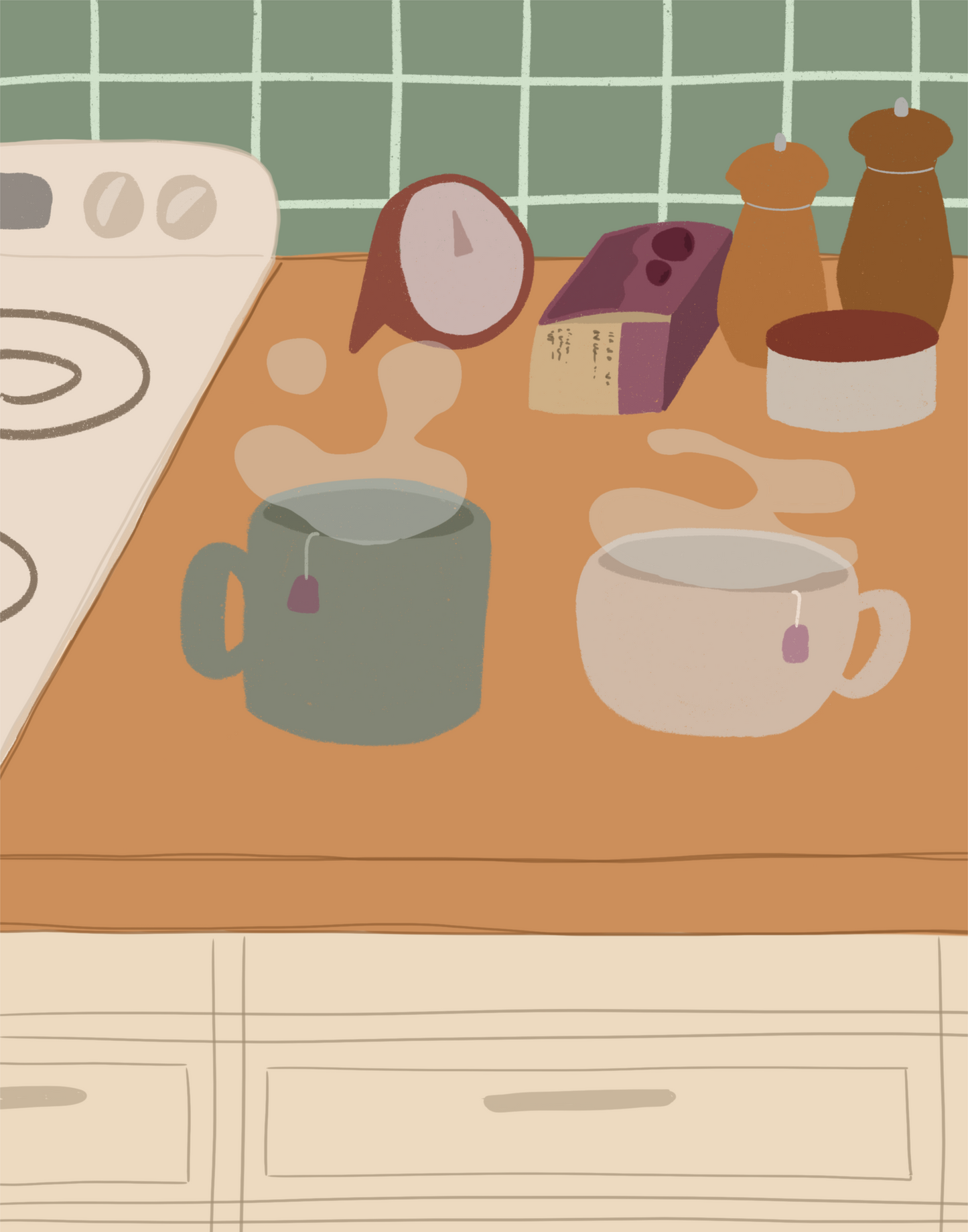 Illustration of a kitchen counter with two steaming mugs holding tea bags in morning lighting. In the background are two pepper grinders, a tea box, a salt dish, and a timer. On the left is a white stovetop, white cabinet drawers at the bottom, and green tiles for the backsplash.