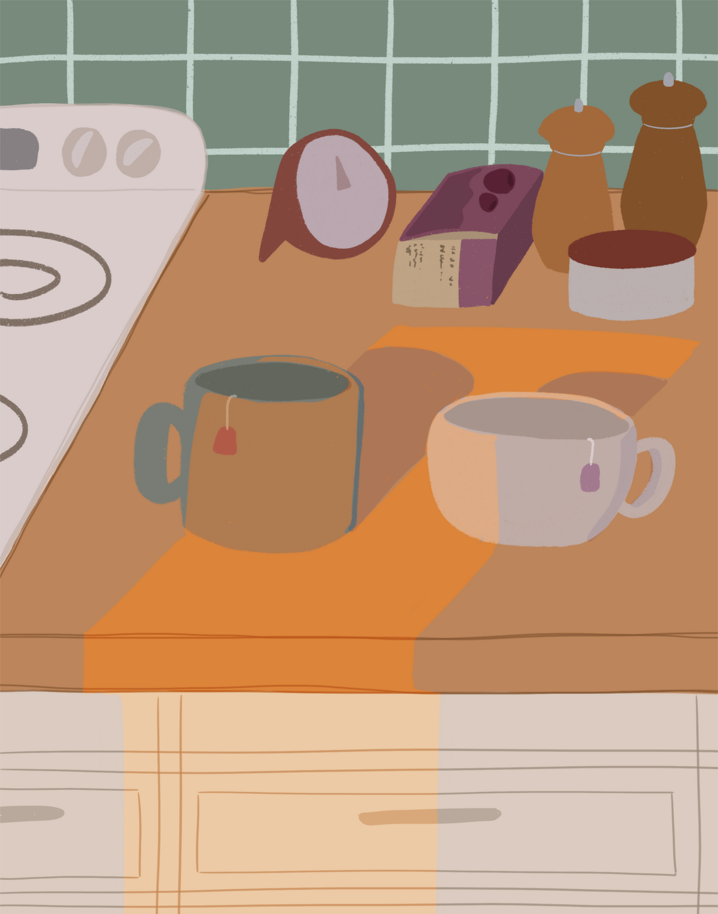 Illustration of a kitchen counter with two mugs holding tea bags in warm afternoon lighting. In the background are two pepper grinders, a tea box, a salt dish, and a timer. On the left is a white stovetop, white cabinet drawers at the bottom, and green tiles for the backsplash.