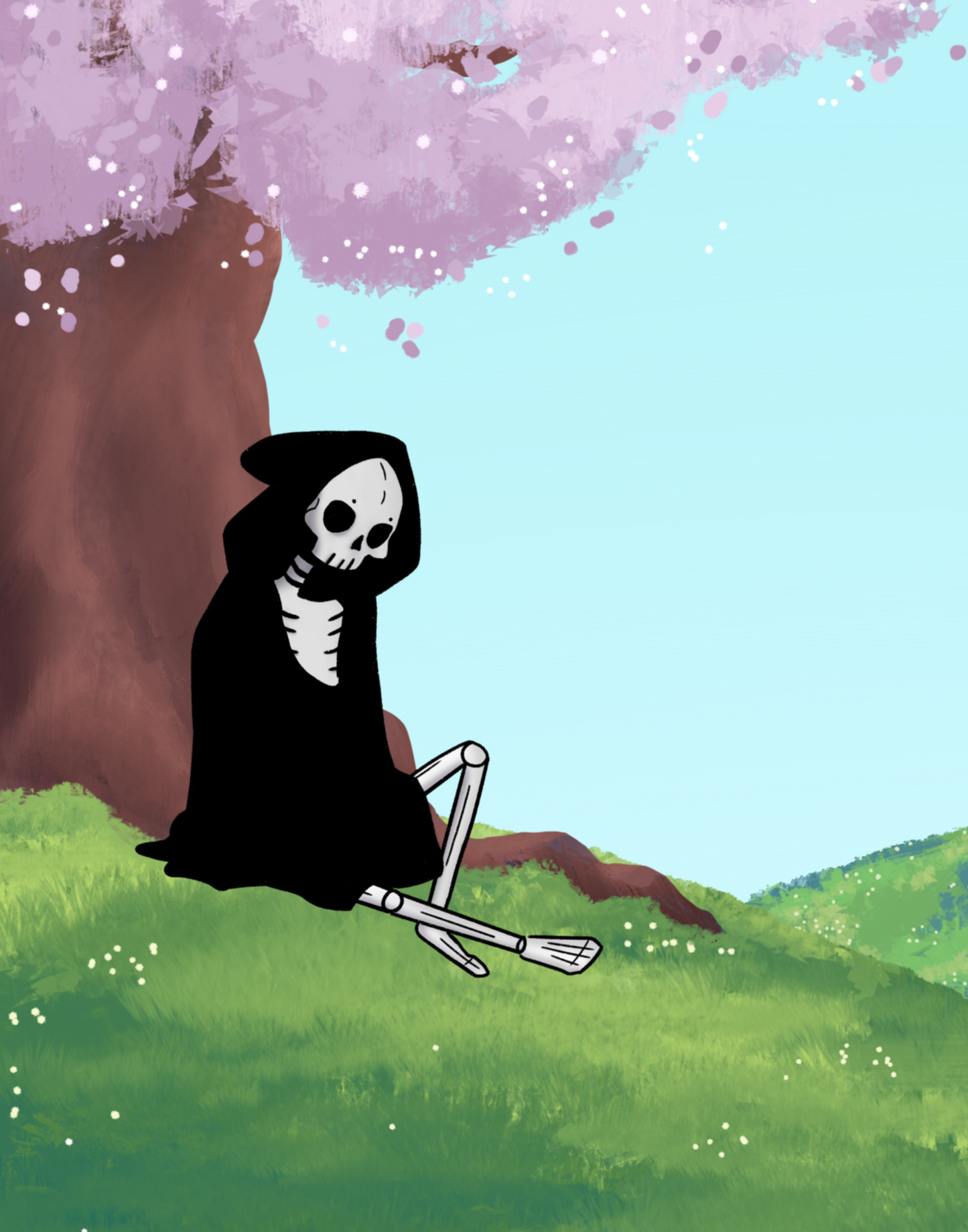 Skeleton under a cherry blossom tree with a light blue sky in a hilly field.