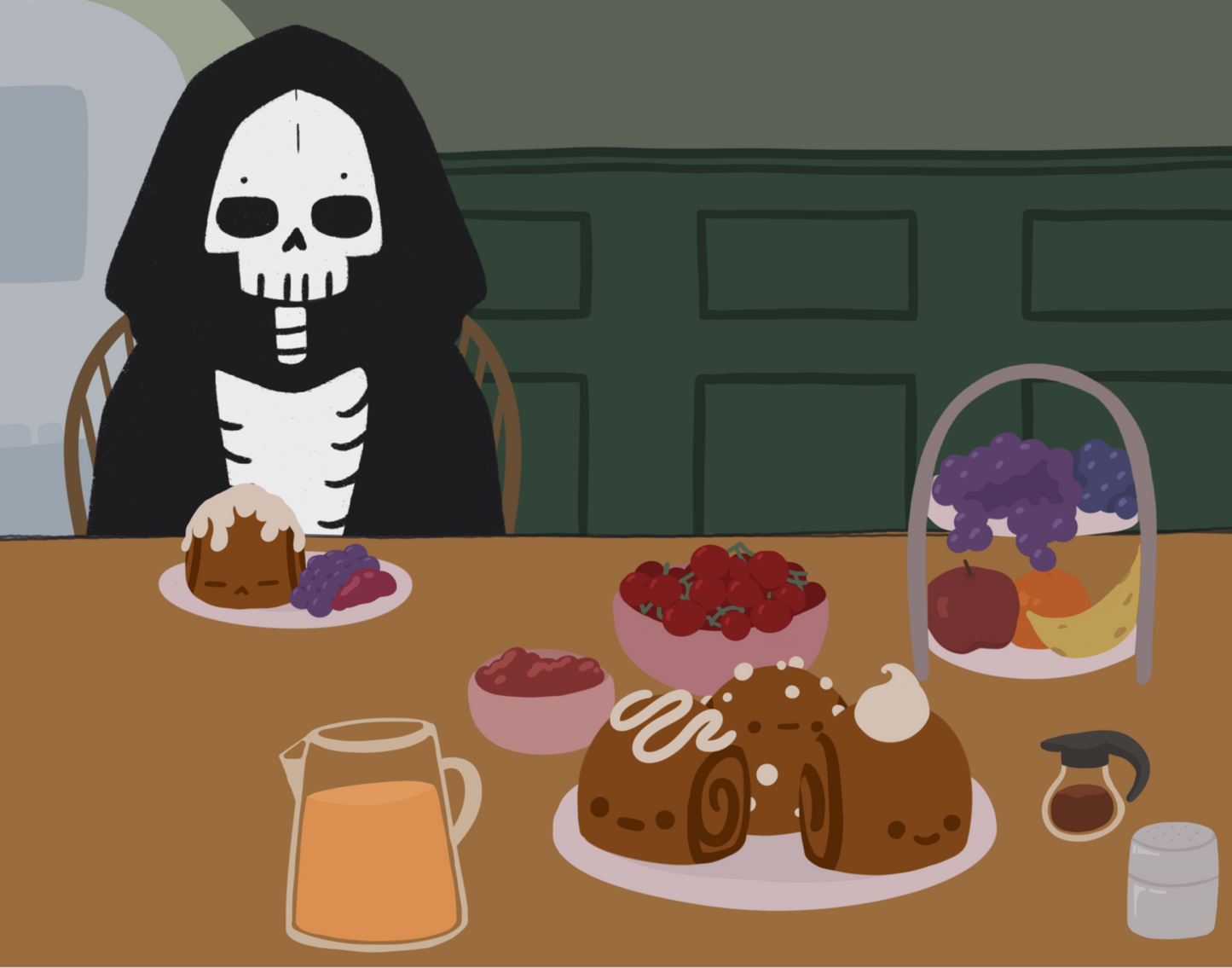 Illustration of a skeleton character sitting at a table with brunch foods, including orange juice, cinnamon rolls personified with faces and various frosting designs, various fruits, a bowl of cherry tomatoes, syrup, jam, and powdered sugar. The background is of a green wall and hallway.
