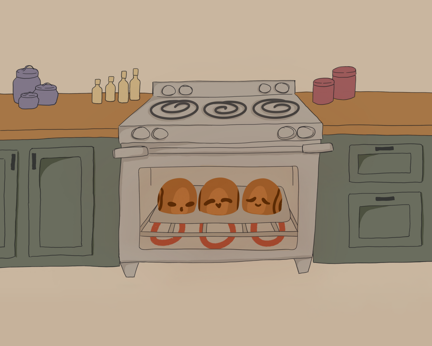 Illustration of three cinnamon rolls personified with various facial expressions in an oven surrounded by wooden kitchen counters above green cabinets in front of a beige background.