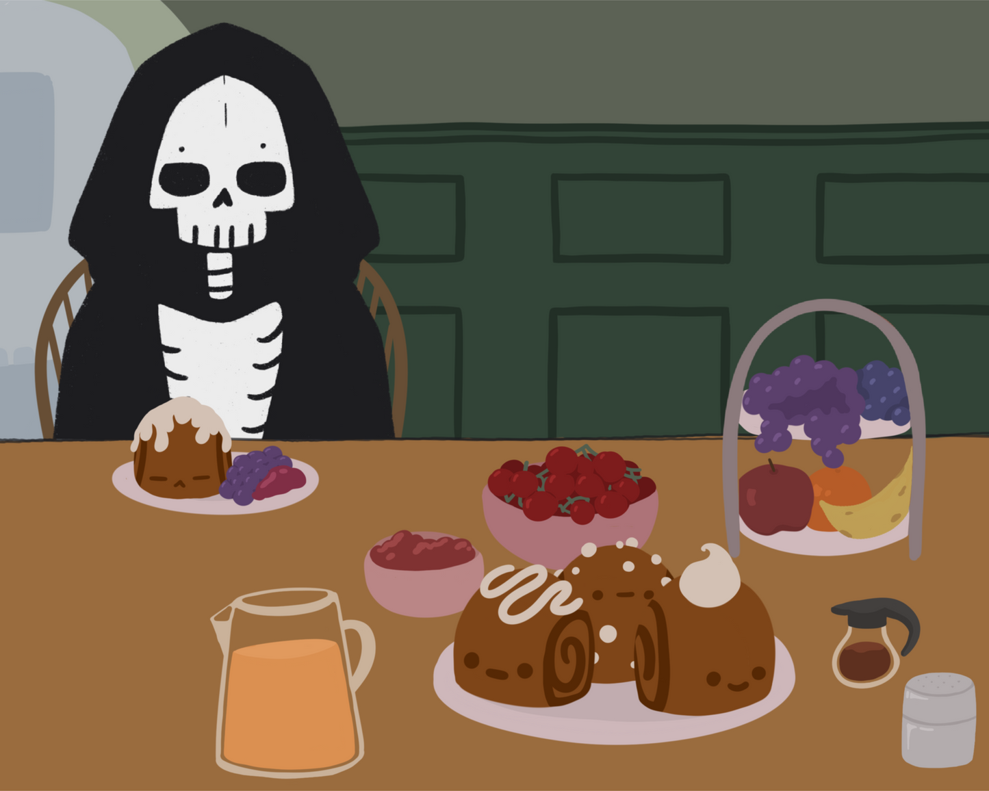 Illustration of a skeleton character sitting at a table with brunch foods, including orange juice, cinnamon rolls personified with faces and various frosting designs, various fruits, a bowl of cherry tomatoes, syrup, jam, and powdered sugar. The background is of a green wall and hallway.
