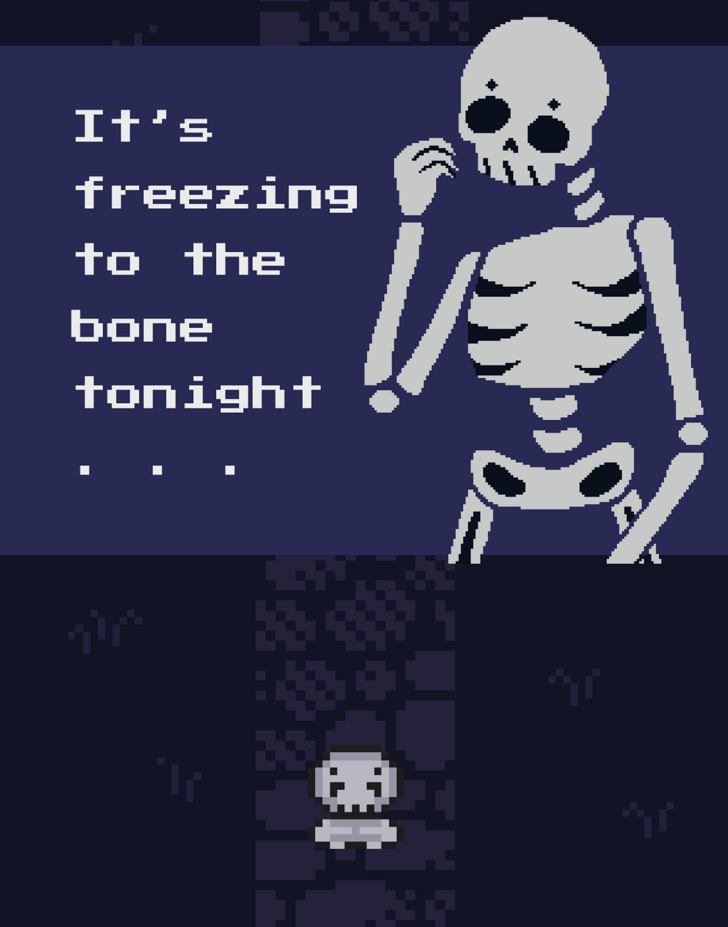 Illustration of a pixelated skeleton with text 'It's freezing to the bone tonight' on a dark blue background. Behind that is a pixelated dark purple path on pixelated dark blue grass, with a smaller pixelated skeleton on top of that.