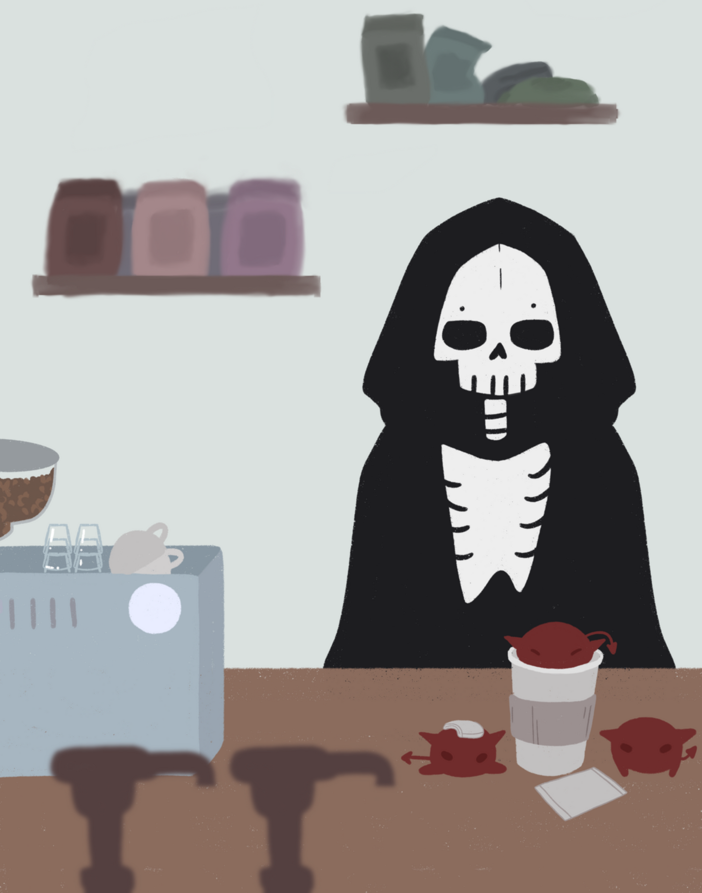 Illustration of a skeleton character standing behind a wooden counter with an espresso machine, a to-go coffee cup, and 3 red imps atop it.  In the forefront are the tops of syrup bottles, in the background are 2 shelves holding coffee bags on a light blue wall.