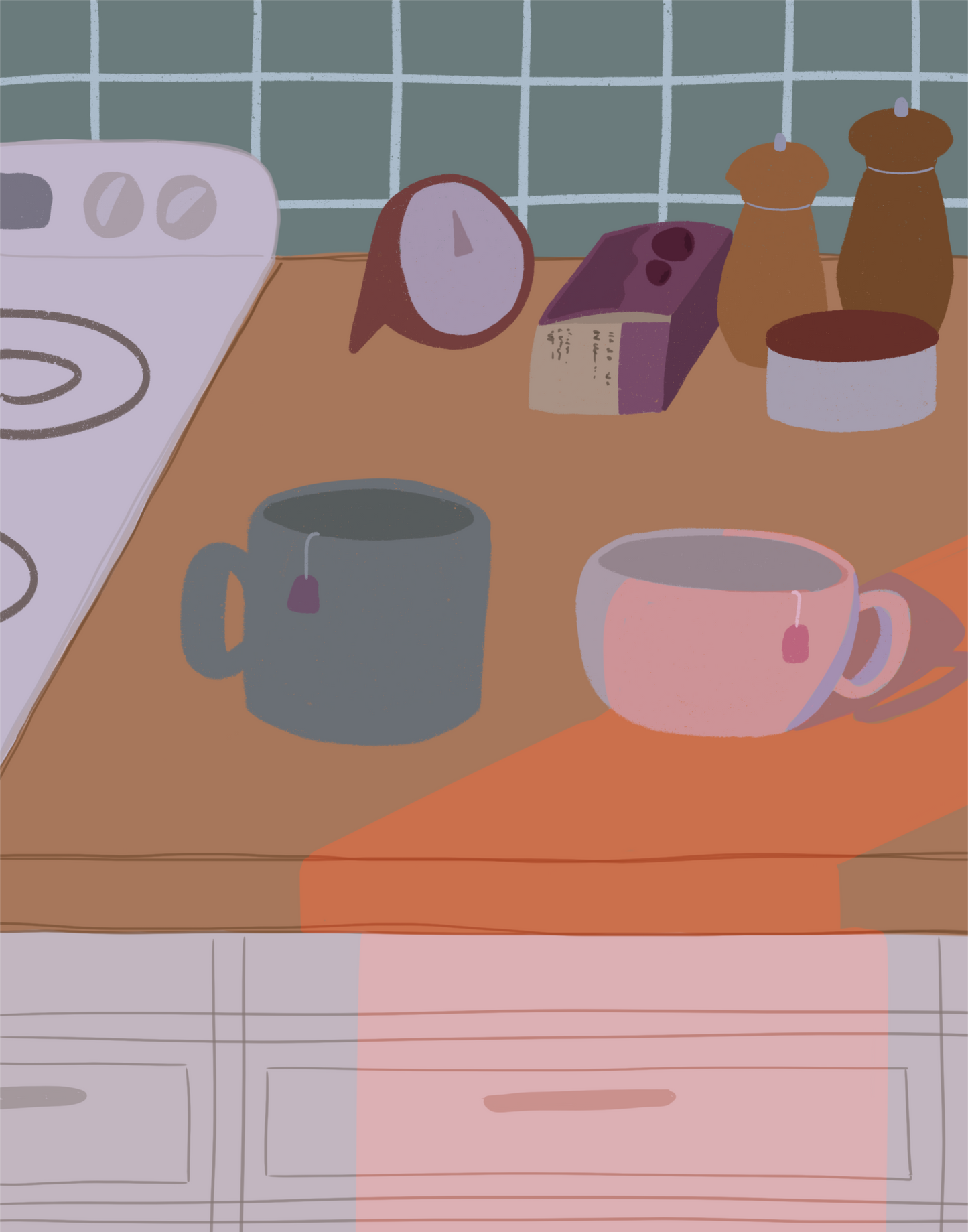 Illustration of a kitchen counter with two mugs holding tea bags in cool evening lighting. In the background are two pepper grinders, a tea box, a salt dish, and a timer. On the left is a white stovetop, white cabinet drawers at the bottom, and green tiles for the backsplash.
