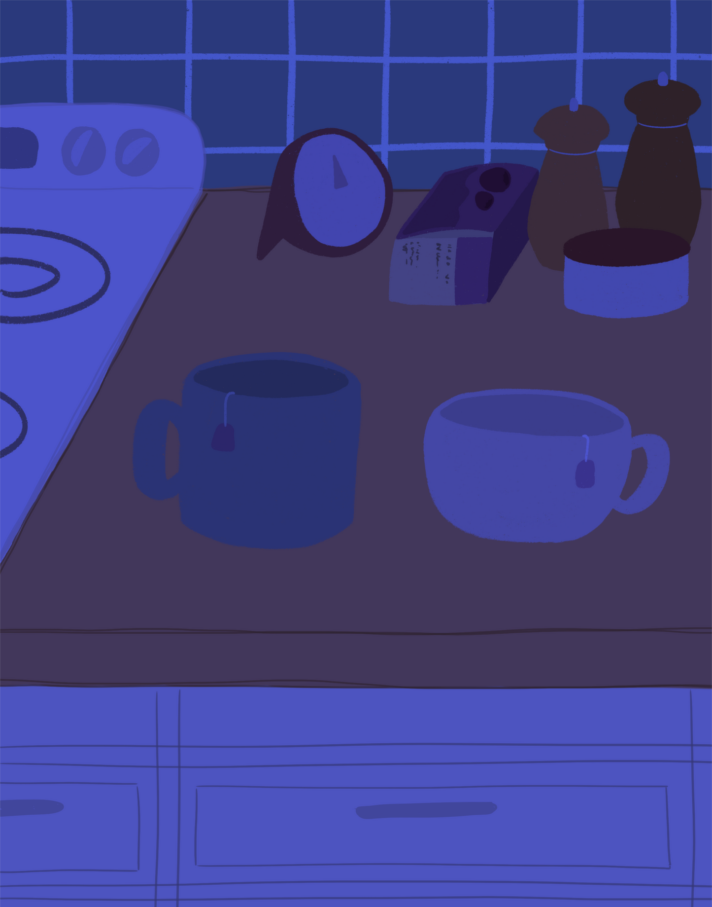 Illustration of a kitchen counter with two mugs holding tea bags in blue night lighting. In the background are two pepper grinders, a tea box, a salt dish, and a timer. On the left is a white stovetop, white cabinet drawers at the bottom, and green tiles for the backsplash.