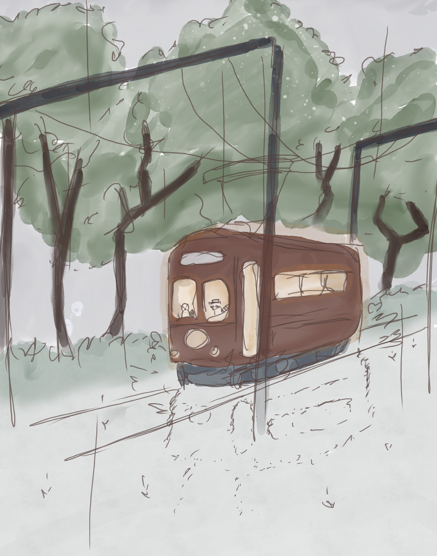 Illustration of a watercolor-style tram in a forest with trees, a cloudy sky, and light rain. A beaver and raccoon drive the tram, while a skeleton hidden in the trees watches as it passes by.