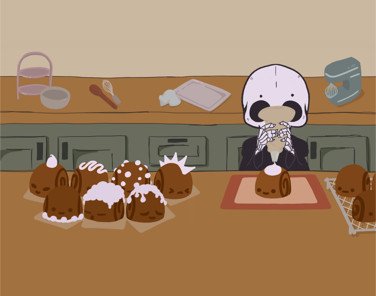 Illustration of a skeleton character frosting cinnamon rolls that are personified with various facial expressions and frosting designs. The skeleton stands between two wooden counters. The background consists of various kitchen supplies including a stand mixer, whisk, baking sheet, bowl, green cabinets, and a beige wall. 