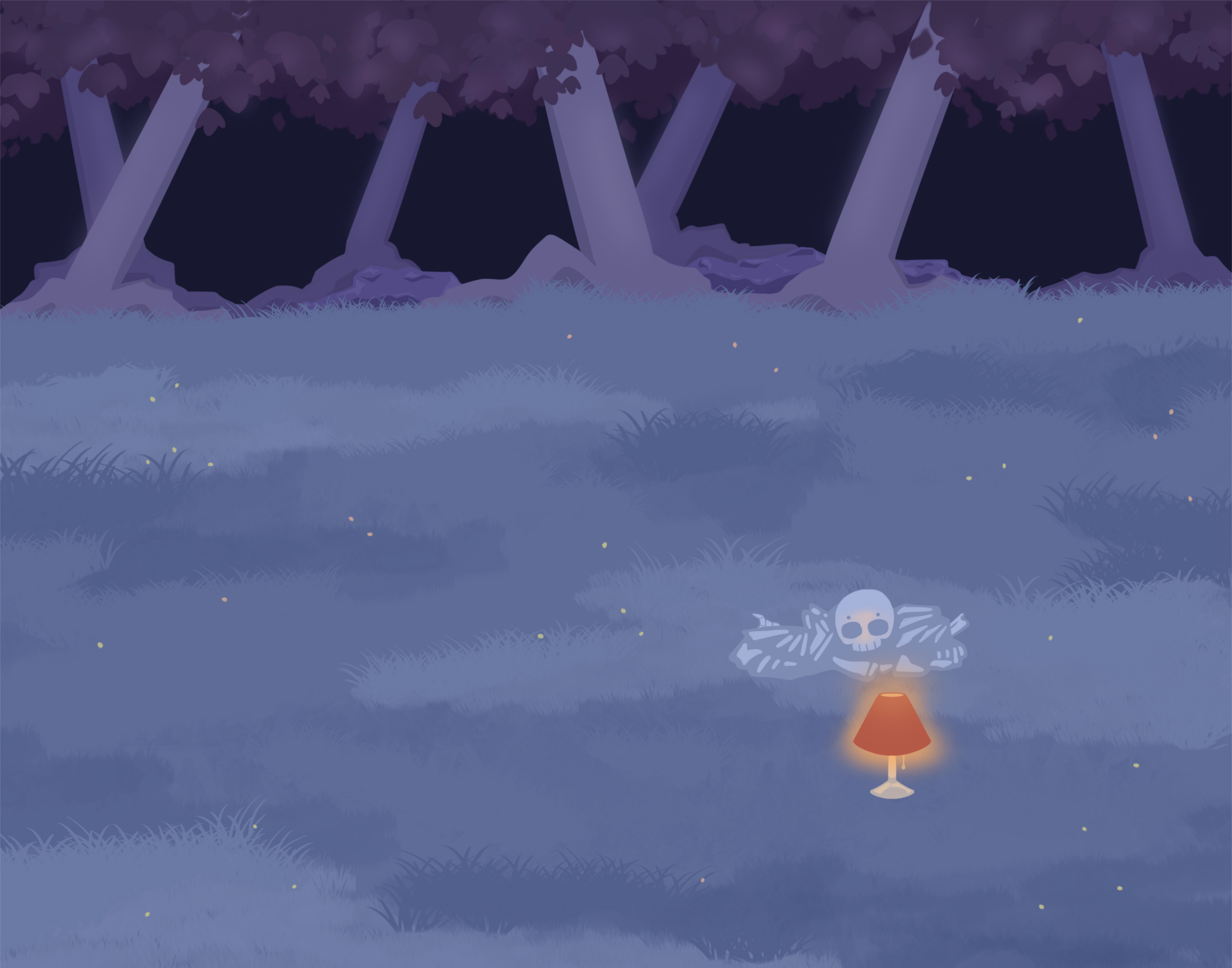 Illustration of a pile of bones in a field behind a lit lamp in the cool lighting of night. In the background is a dark forest covering the horizon.