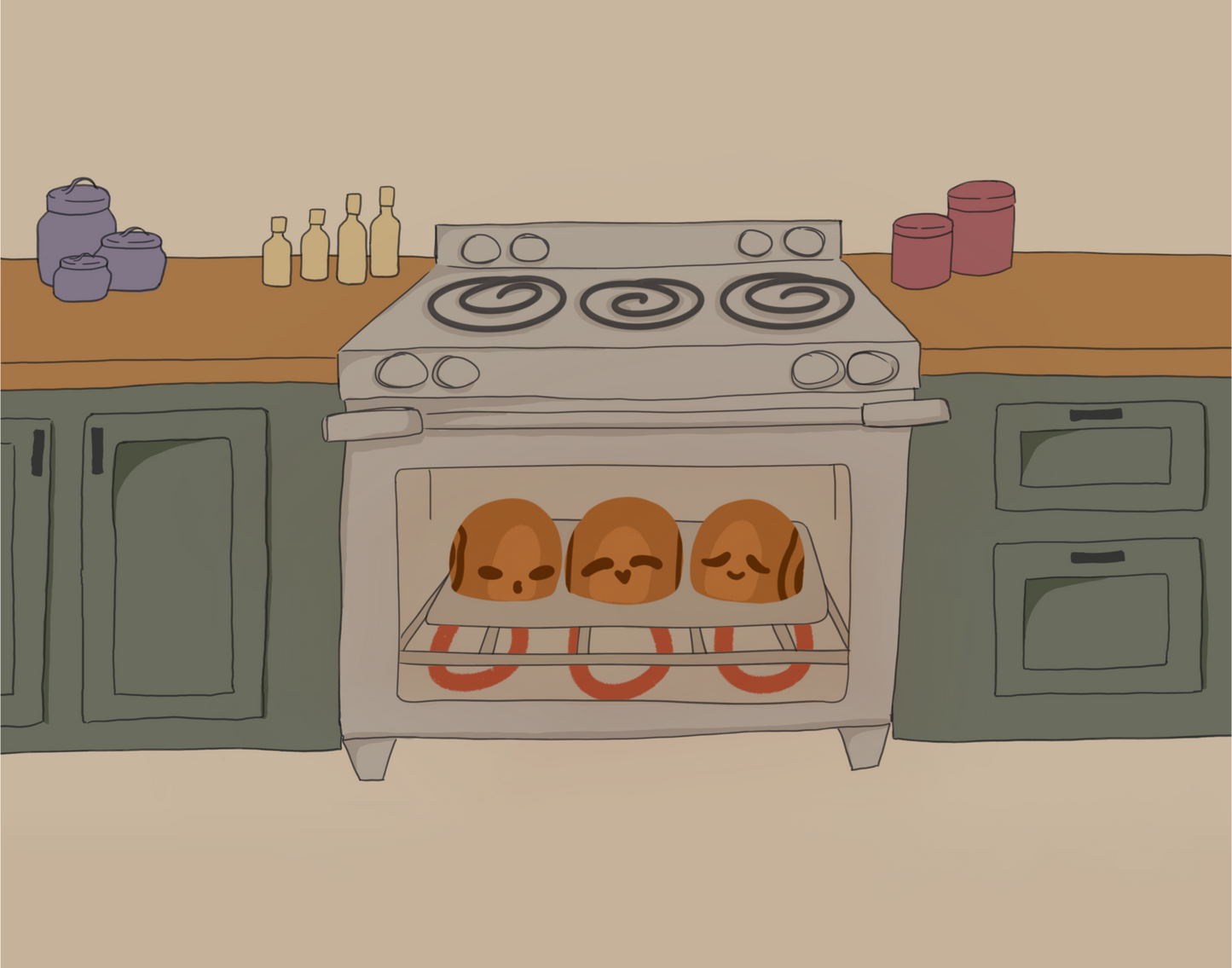 Illustration of three cinnamon rolls personified with various facial expressions in an oven surrounded by wooden kitchen counters above green cabinets in front of a beige background.