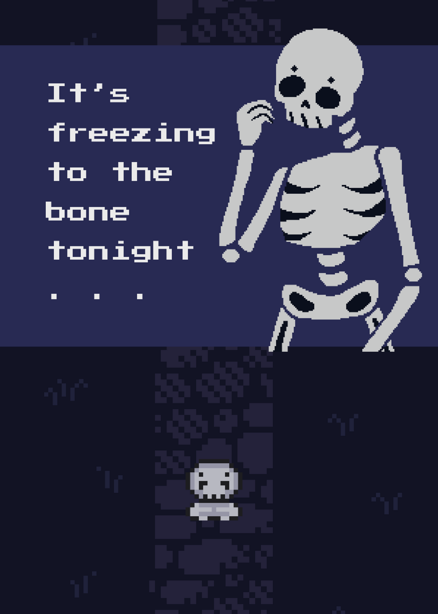 Illustration of a pixelated skeleton with text 'It's freezing to the bone tonight' on a dark blue background. Behind that is a pixelated dark purple path on pixelated dark blue grass, with a smaller pixelated skeleton on top of that.