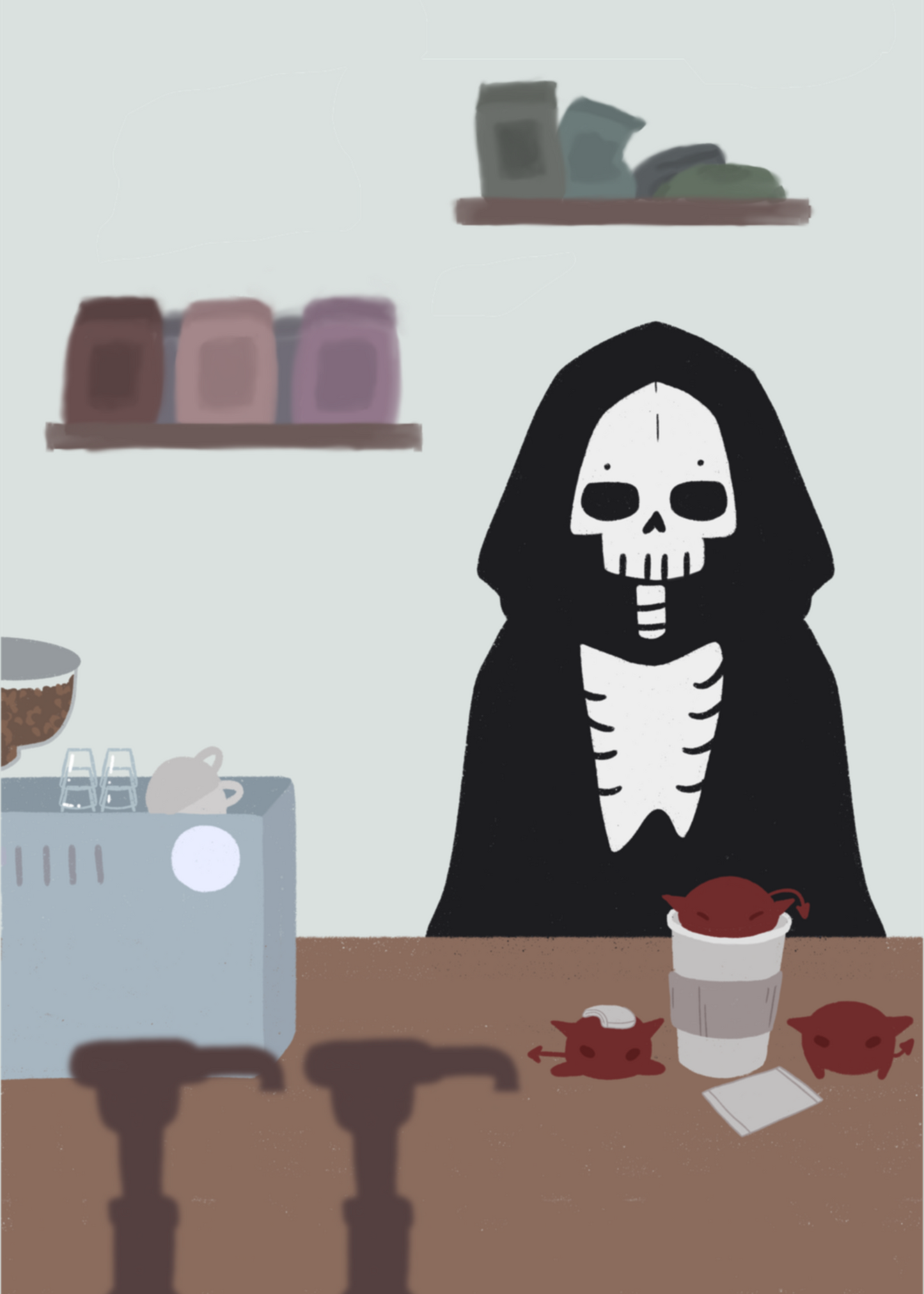 Illustration of a skeleton character standing behind a wooden counter with an espresso machine, a to-go coffee cup, and 3 red imps atop it.  In the forefront are the tops of syrup bottles, in the background are 2 shelves holding coffee bags on a light blue wall.