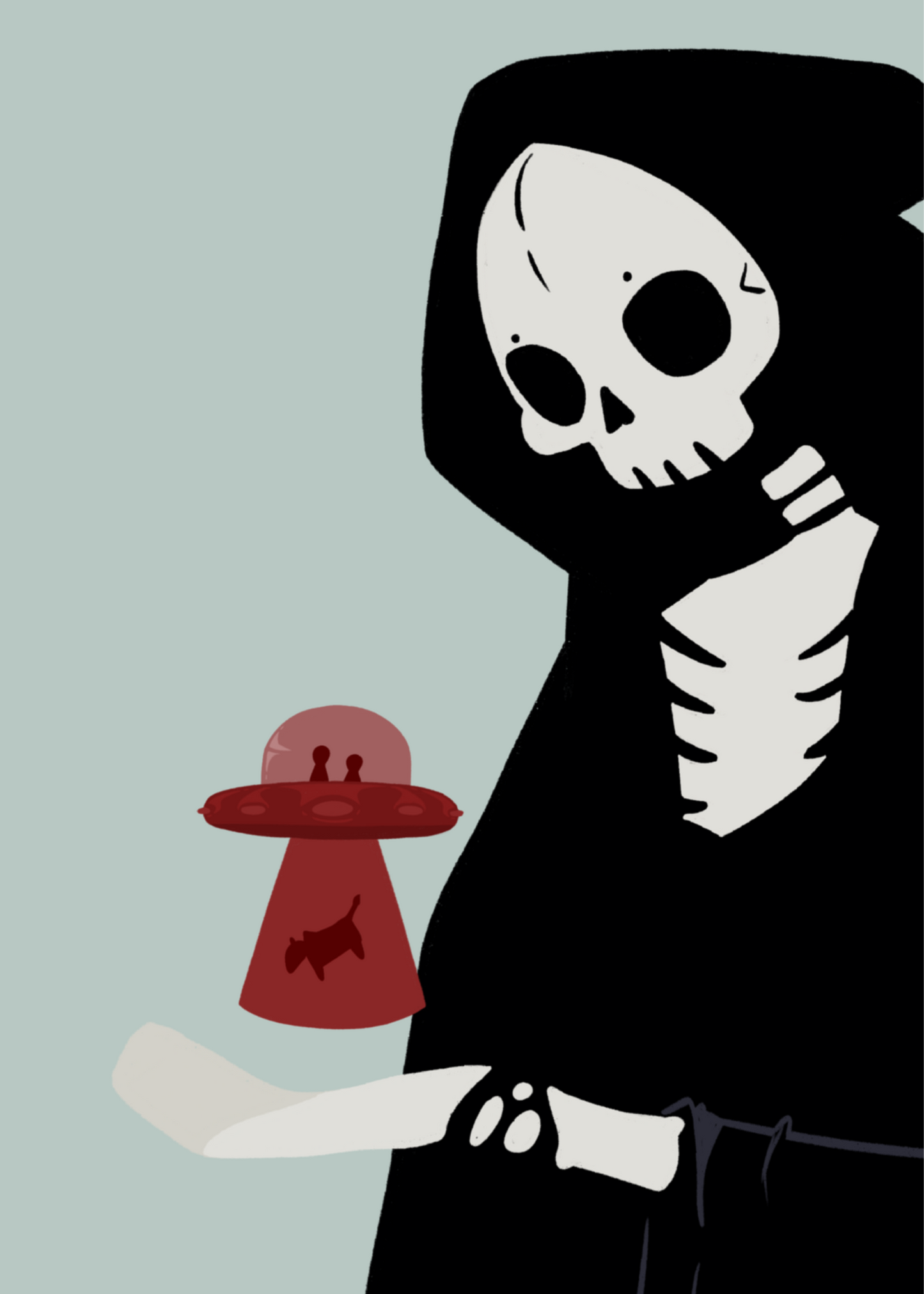 Illustration of a skeletal character with a red UFO abducting a cow hovering over its outreached hand in front of a light blue background.