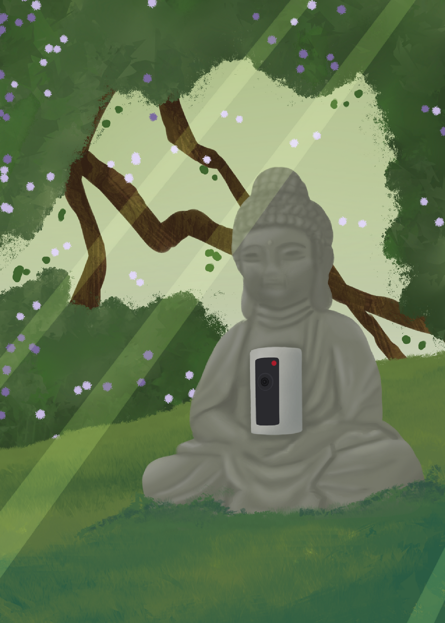 Illustration of a buddha statue with a security camera embedded into it, surrounded by trees, grass, and sunlight.