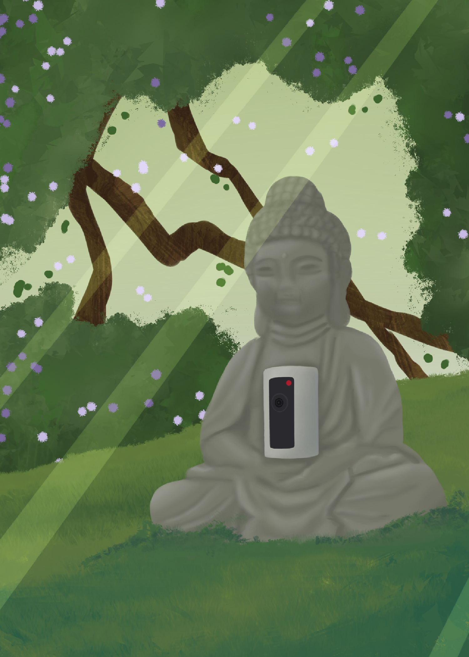 Illustration of a buddha statue with a security camera embedded into it, surrounded by trees, grass, and sunlight.