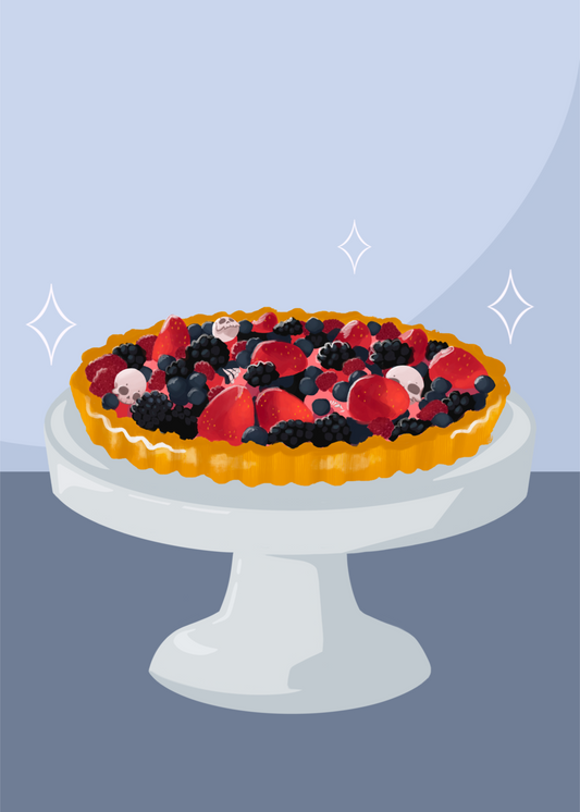 Illustration of a fruit tart filled with strawberries, blackberries, raspberries, blueberries, tiny skulls, and tiny hand bones on a gray cake stand against a light blue and dark blue background. Three sparkles surround the fruit tart.