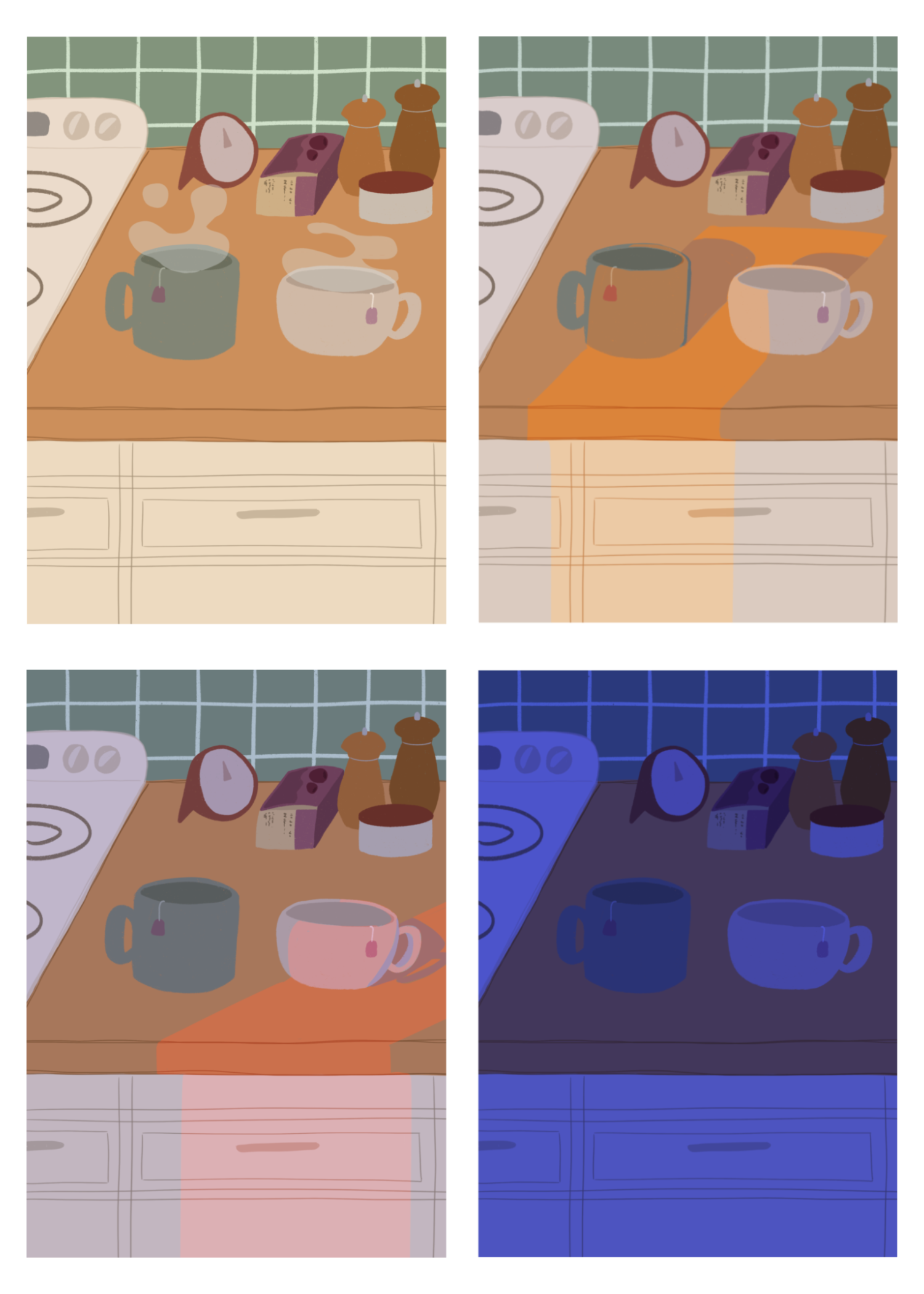 Four illustrations of a kitchen counter with two mugs holding tea bags in various lighting (morning, noon, evening and night). In the background are two pepper grinders, a tea box, a salt dish, and a timer. On the left is a white stovetop, white cabinet drawers at the bottom, and green tiles for the backsplash.