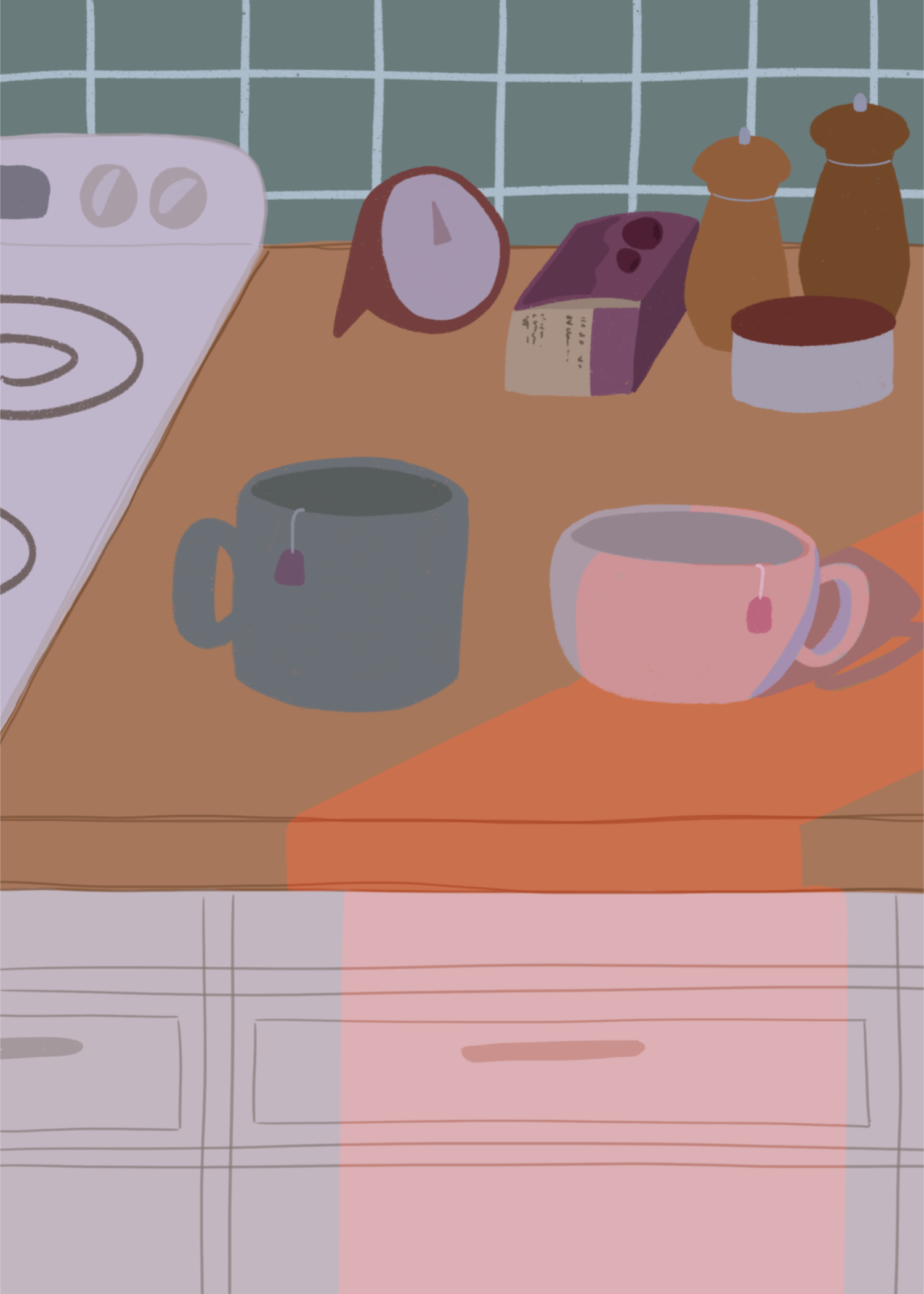 Illustration of a kitchen counter with two mugs holding tea bags in cool evening lighting. In the background are two pepper grinders, a tea box, a salt dish, and a timer. On the left is a white stovetop, white cabinet drawers at the bottom, and green tiles for the backsplash.