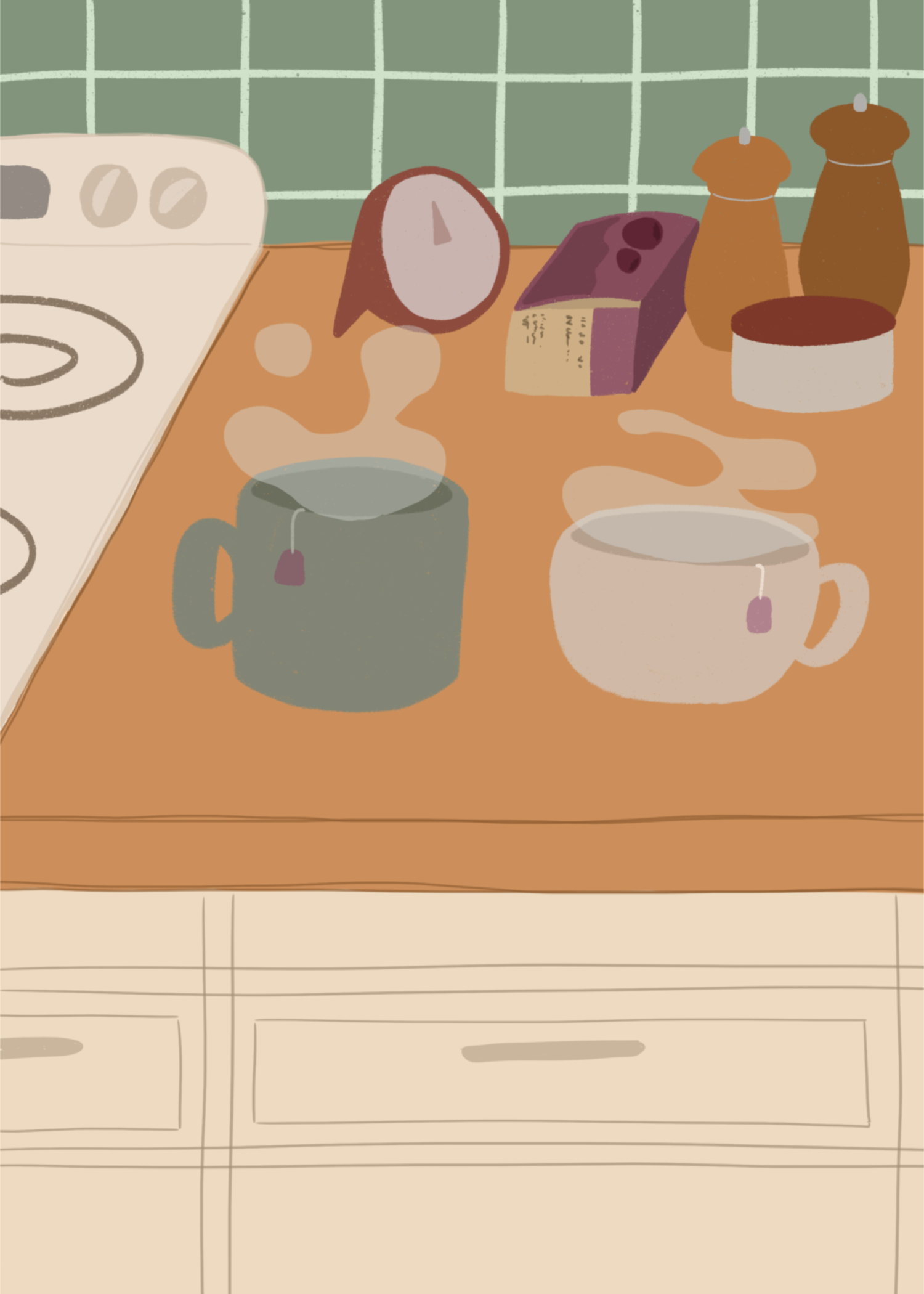 Illustration of a kitchen counter with two steaming mugs holding tea bags in morning lighting. In the background are two pepper grinders, a tea box, a salt dish, and a timer. On the left is a white stovetop, white cabinet drawers at the bottom, and green tiles for the backsplash.