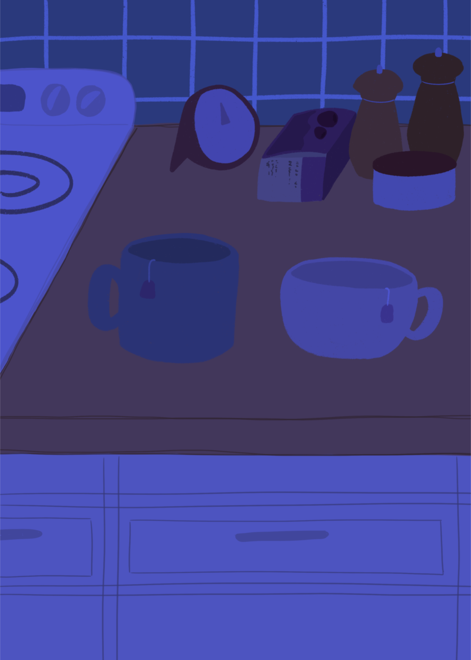 Illustration of a kitchen counter with two mugs holding tea bags in blue night lighting. In the background are two pepper grinders, a tea box, a salt dish, and a timer. On the left is a white stovetop, white cabinet drawers at the bottom, and green tiles for the backsplash.