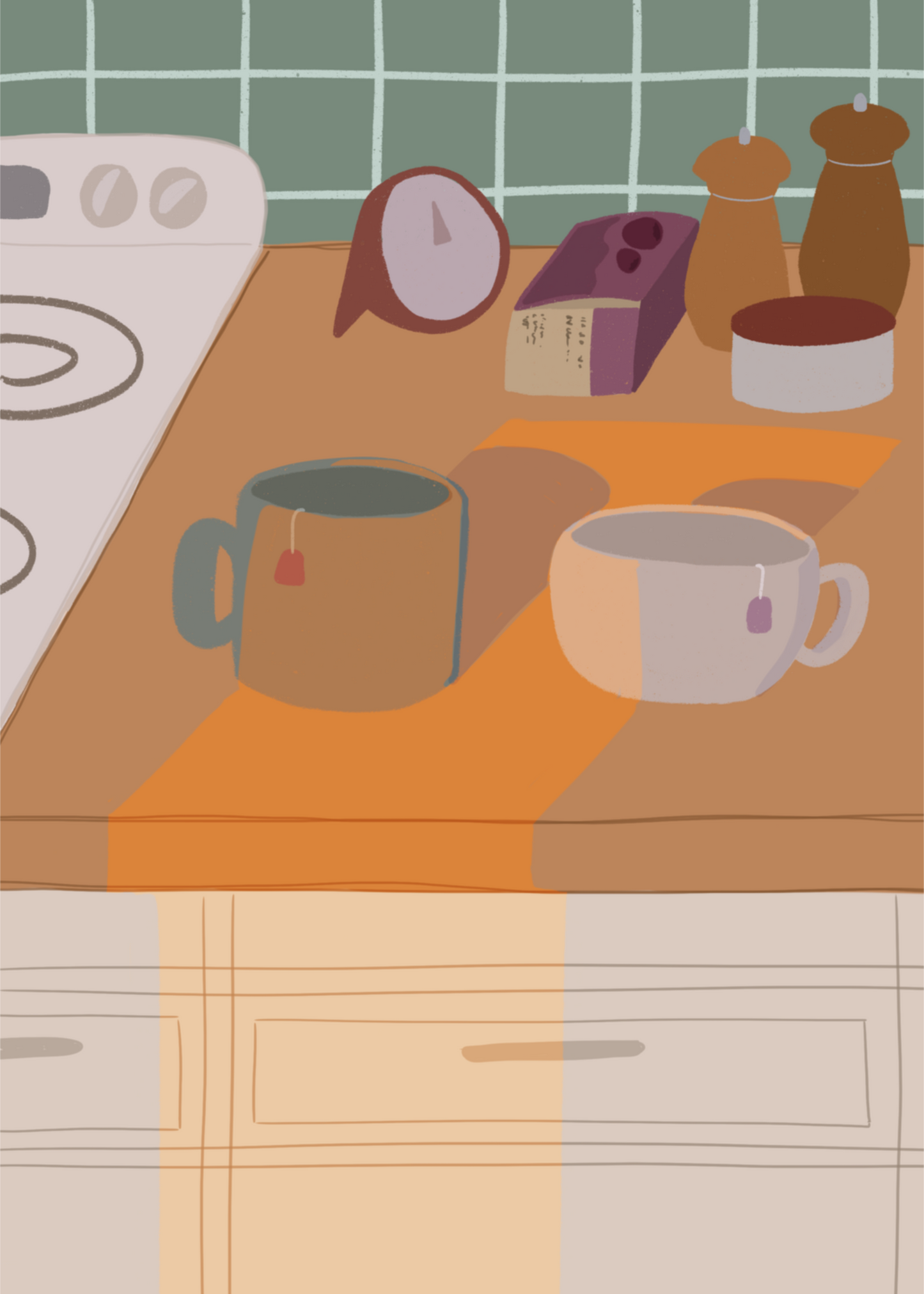 Illustration of a kitchen counter with two mugs holding tea bags in warm afternoon lighting. In the background are two pepper grinders, a tea box, a salt dish, and a timer. On the left is a white stovetop, white cabinet drawers at the bottom, and green tiles for the backsplash.