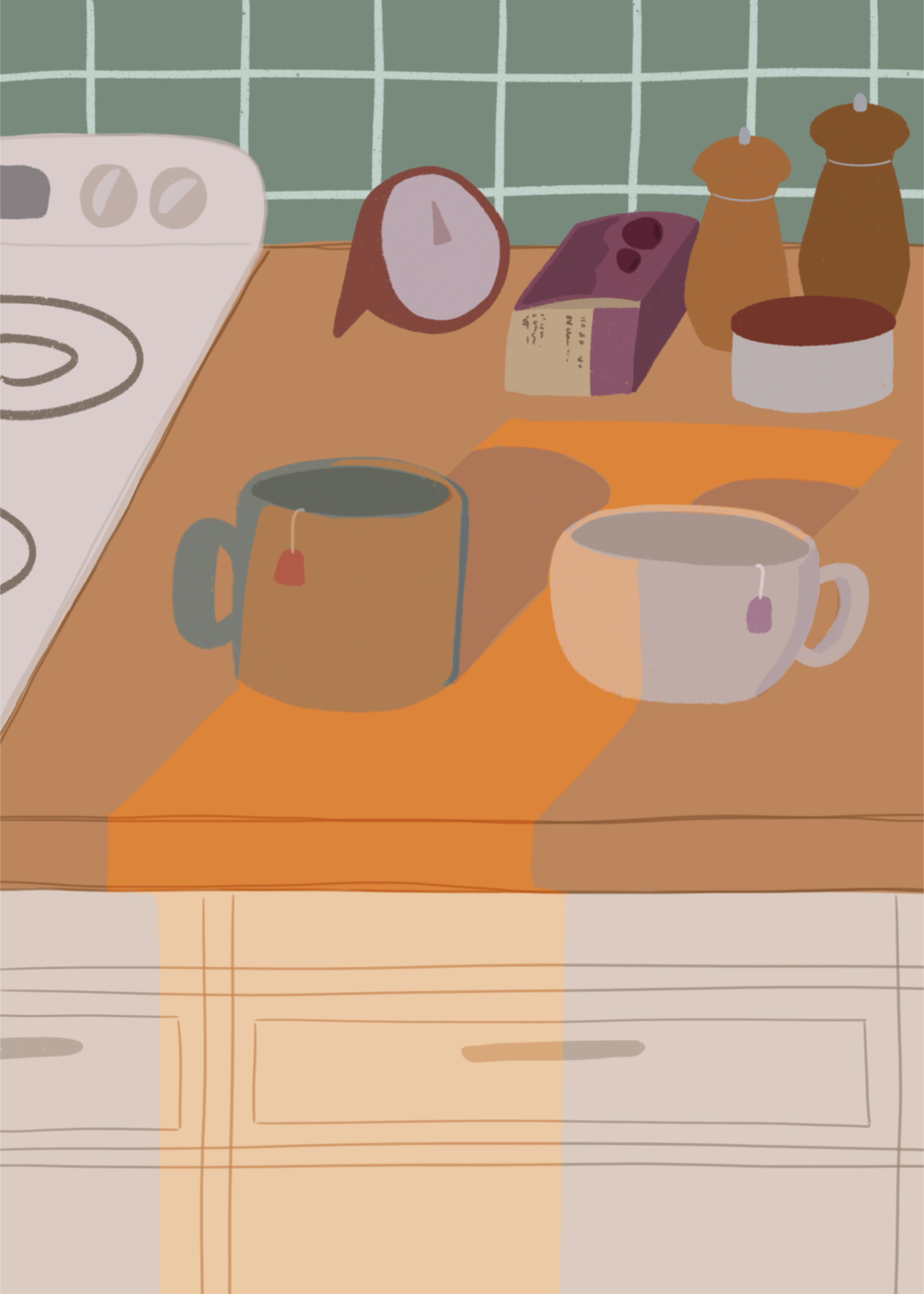 Illustration of a kitchen counter with two mugs holding tea bags in warm afternoon lighting. In the background are two pepper grinders, a tea box, a salt dish, and a timer. On the left is a white stovetop, white cabinet drawers at the bottom, and green tiles for the backsplash.