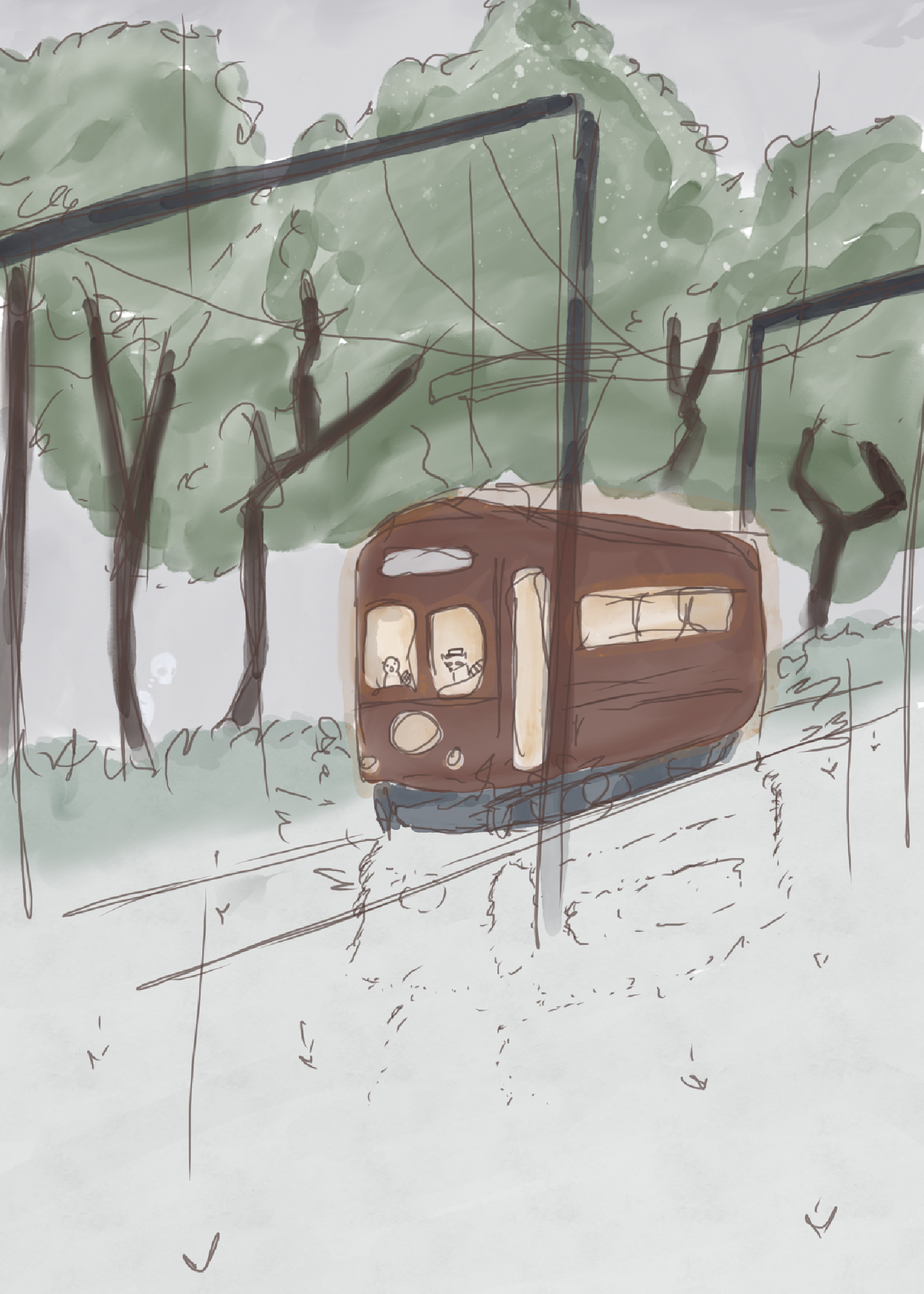 Illustration of a watercolor-style tram in a forest with trees, a cloudy sky, and light rain. A beaver and raccoon drive the tram, while a skeleton hidden in the trees watches as it passes by.