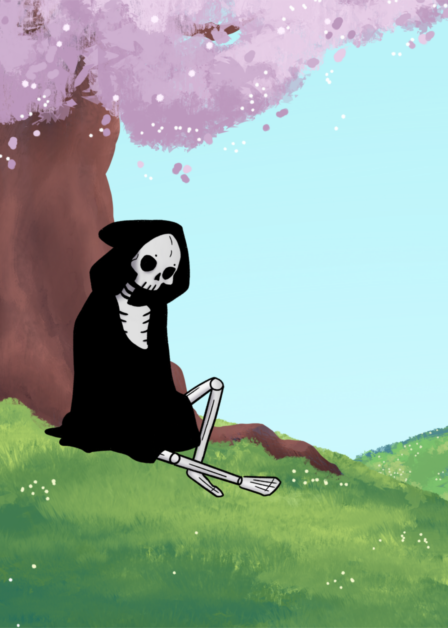 Skeleton under a cherry blossom tree with a light blue sky in a hilly field.