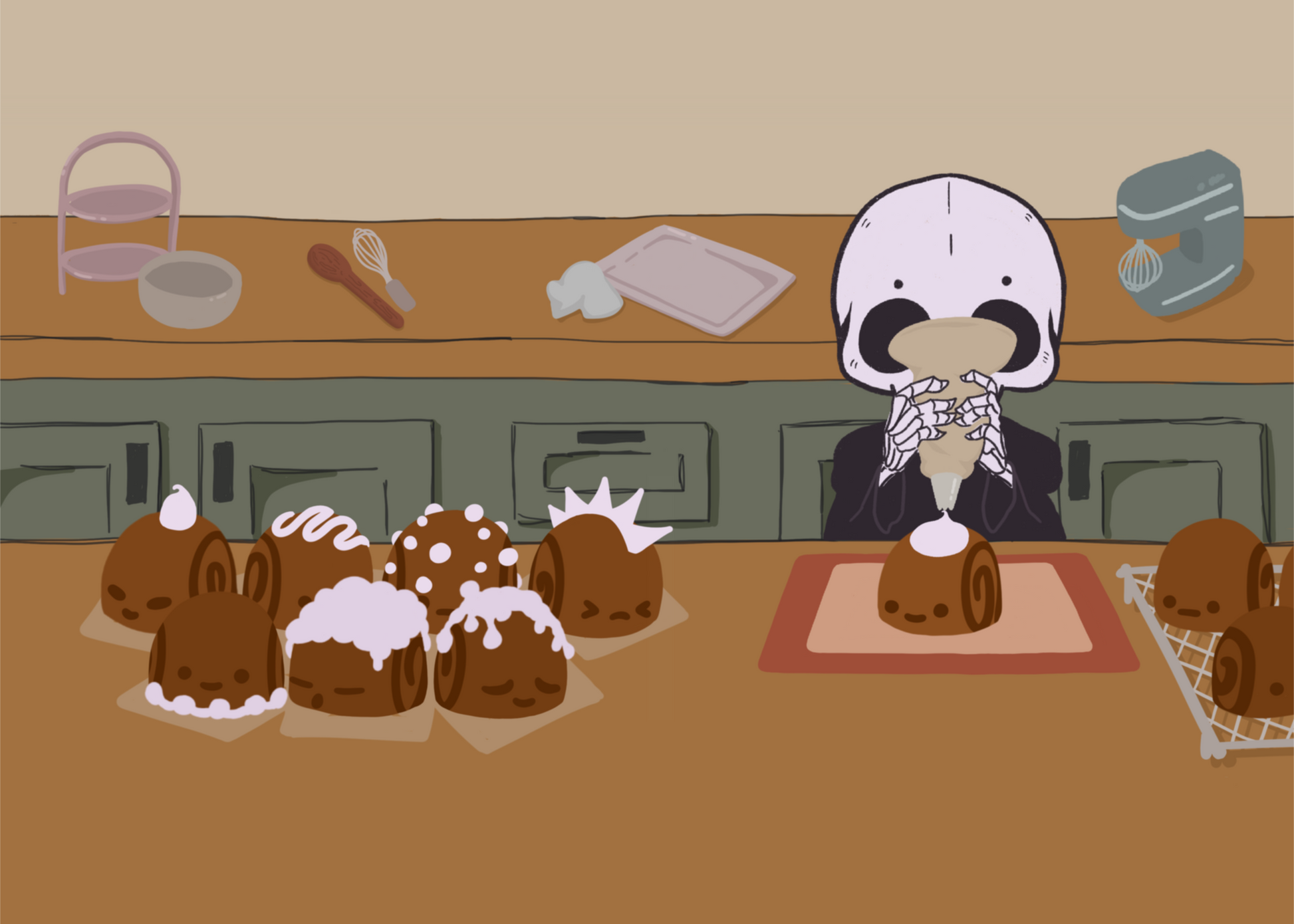 Illustration of a skeleton character frosting cinnamon rolls that are personified with various facial expressions and frosting designs. The skeleton stands between two wooden counters. The background consists of various kitchen supplies including a stand mixer, whisk, baking sheet, bowl, green cabinets, and a beige wall. 