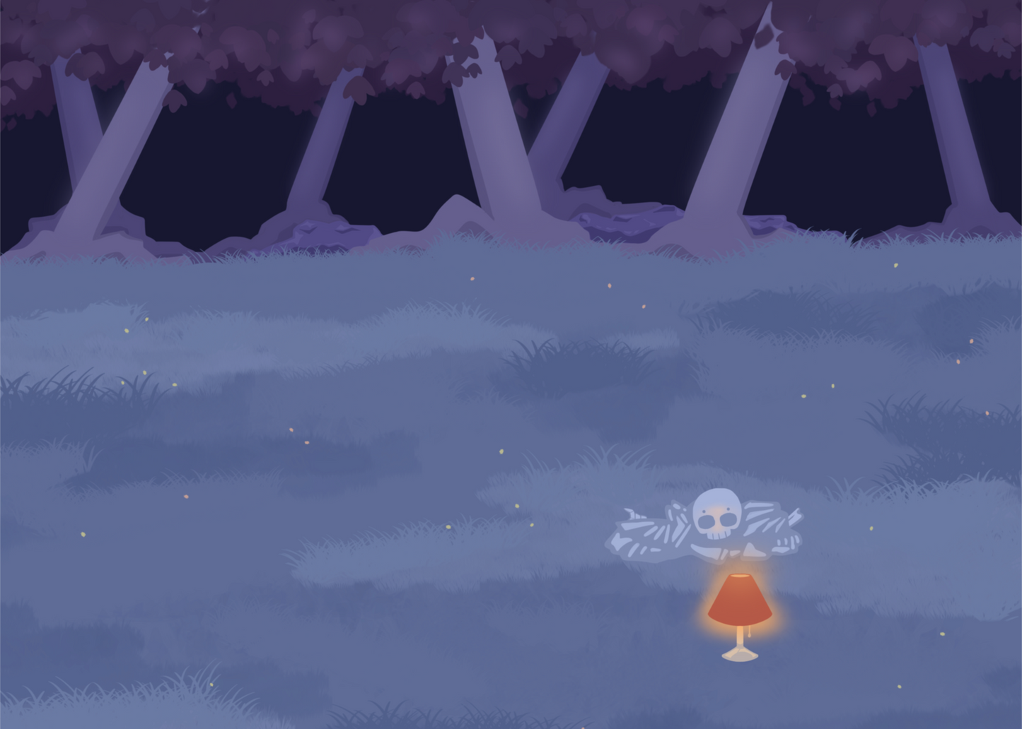 Illustration of a pile of bones in a field behind a lit lamp in the cool lighting of night. In the background is a dark forest covering the horizon.