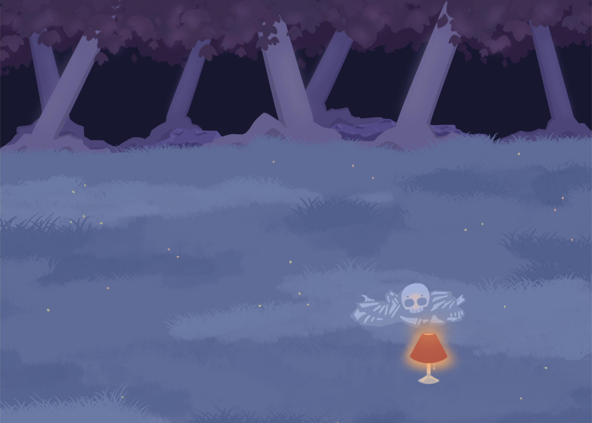 Illustration of a pile of bones in a field behind a lit lamp in the cool lighting of night. In the background is a dark forest covering the horizon.