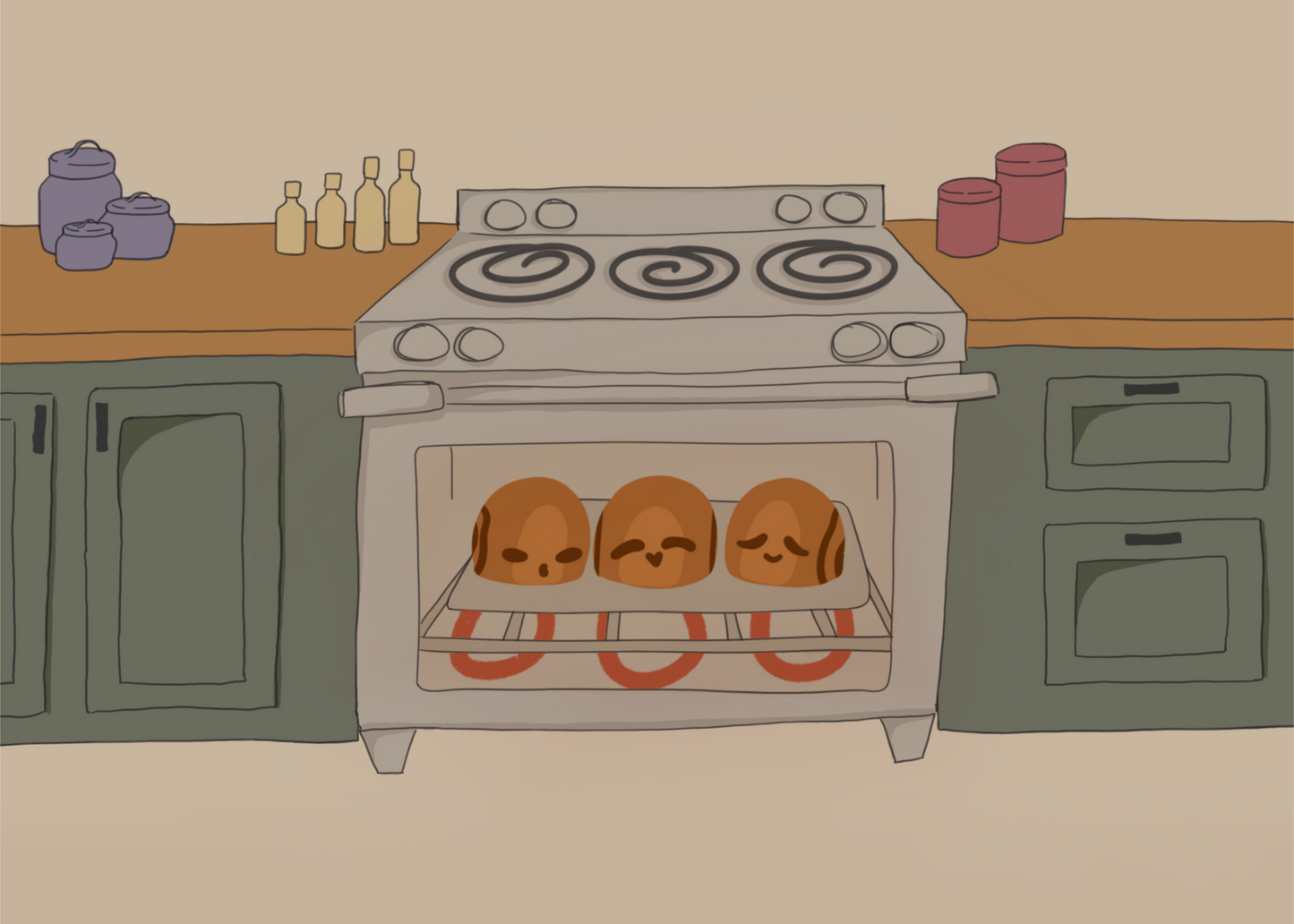 Illustration of three cinnamon rolls personified with various facial expressions in an oven surrounded by wooden kitchen counters above green cabinets in front of a beige background.