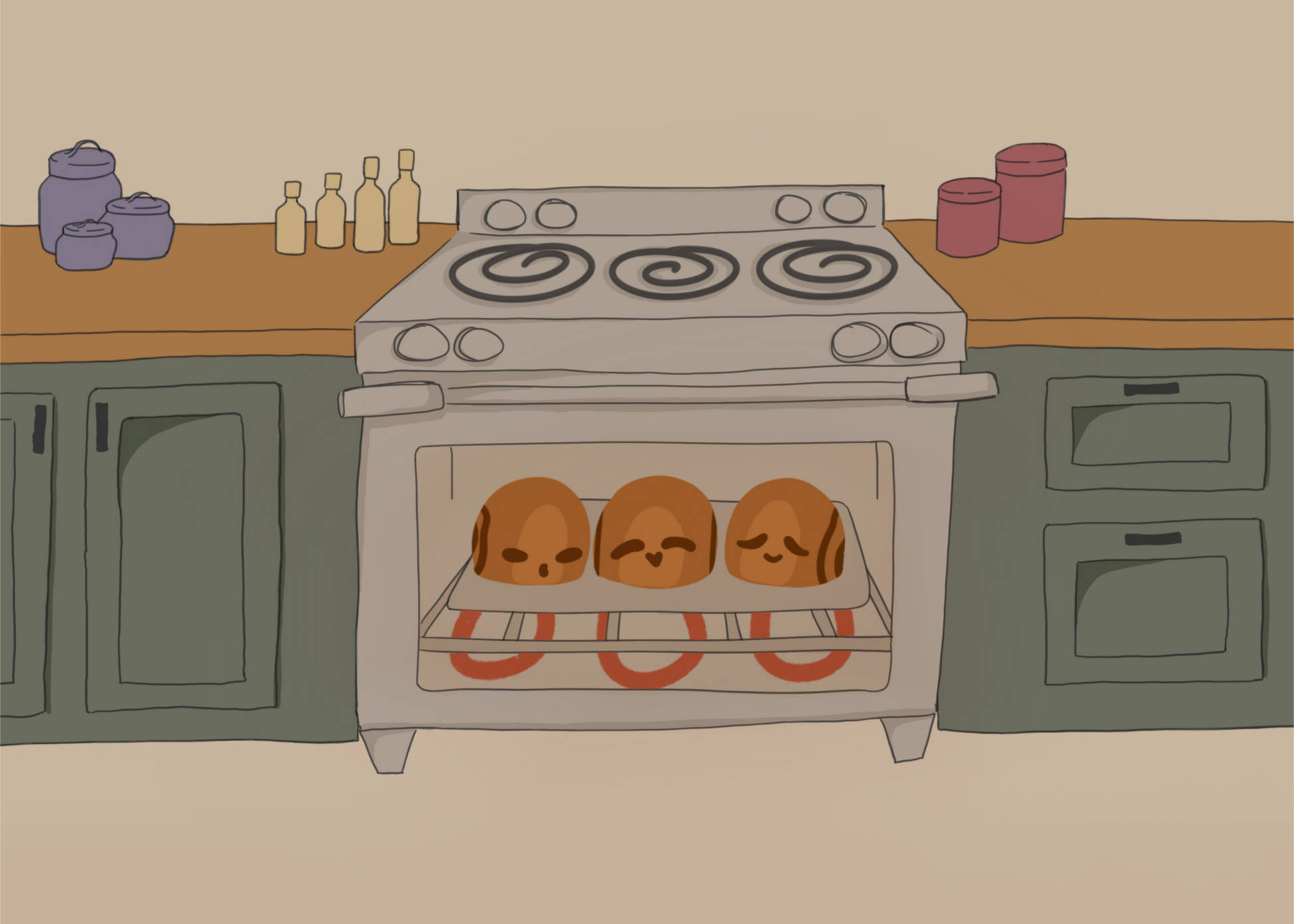 Illustration of three cinnamon rolls personified with various facial expressions in an oven surrounded by wooden kitchen counters above green cabinets in front of a beige background.