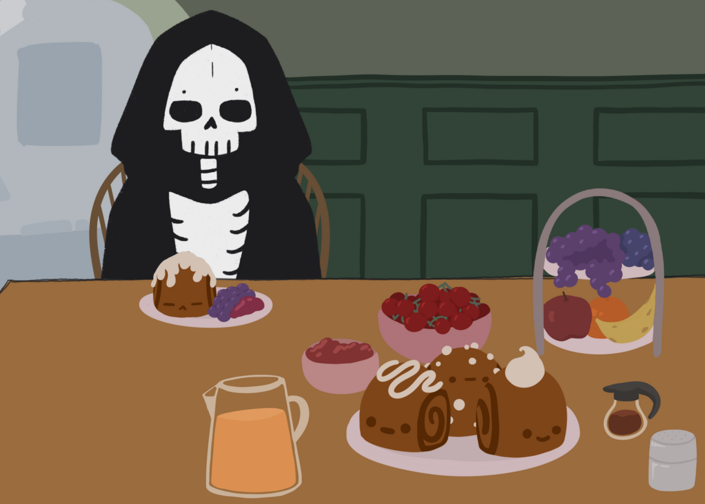 Illustration of a skeleton character sitting at a table with brunch foods, including orange juice, cinnamon rolls personified with faces and various frosting designs, various fruits, a bowl of cherry tomatoes, syrup, jam, and powdered sugar. The background is of a green wall and hallway.
