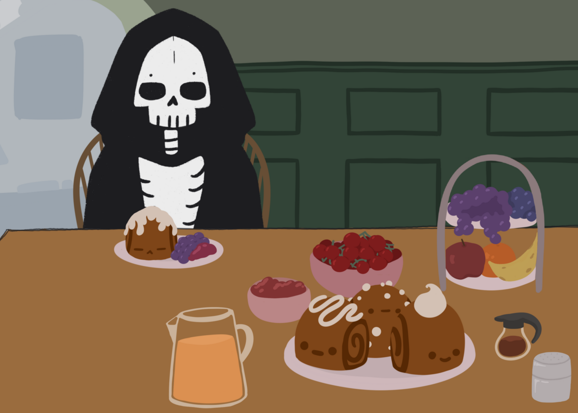 Illustration of a skeleton character sitting at a table with brunch foods, including orange juice, cinnamon rolls personified with faces and various frosting designs, various fruits, a bowl of cherry tomatoes, syrup, jam, and powdered sugar. The background is of a green wall and hallway.