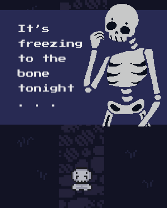 Illustration of a pixelated skeleton with text 'It's freezing to the bone tonight' on a dark blue background. Behind that is a pixelated dark purple path on pixelated dark blue grass, with a smaller pixelated skeleton on top of that.