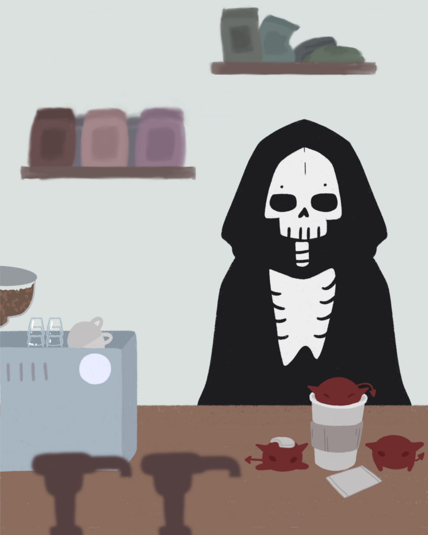 Illustration of a skeleton character standing behind a wooden counter with an espresso machine, a to-go coffee cup, and 3 red imps atop it.  In the forefront are the tops of syrup bottles, in the background are 2 shelves holding coffee bags on a light blue wall.