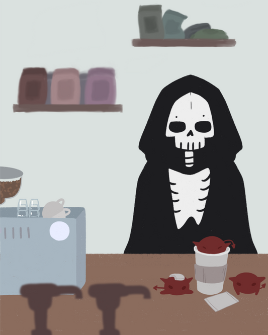 Illustration of a skeleton character standing behind a wooden counter with an espresso machine, a to-go coffee cup, and 3 red imps atop it.  In the forefront are the tops of syrup bottles, in the background are 2 shelves holding coffee bags on a light blue wall.
