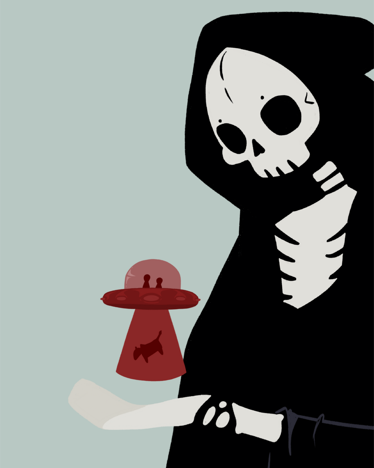 Illustration of a skeletal character with a red UFO abducting a cow hovering over its outreached hand in front of a light blue background.
