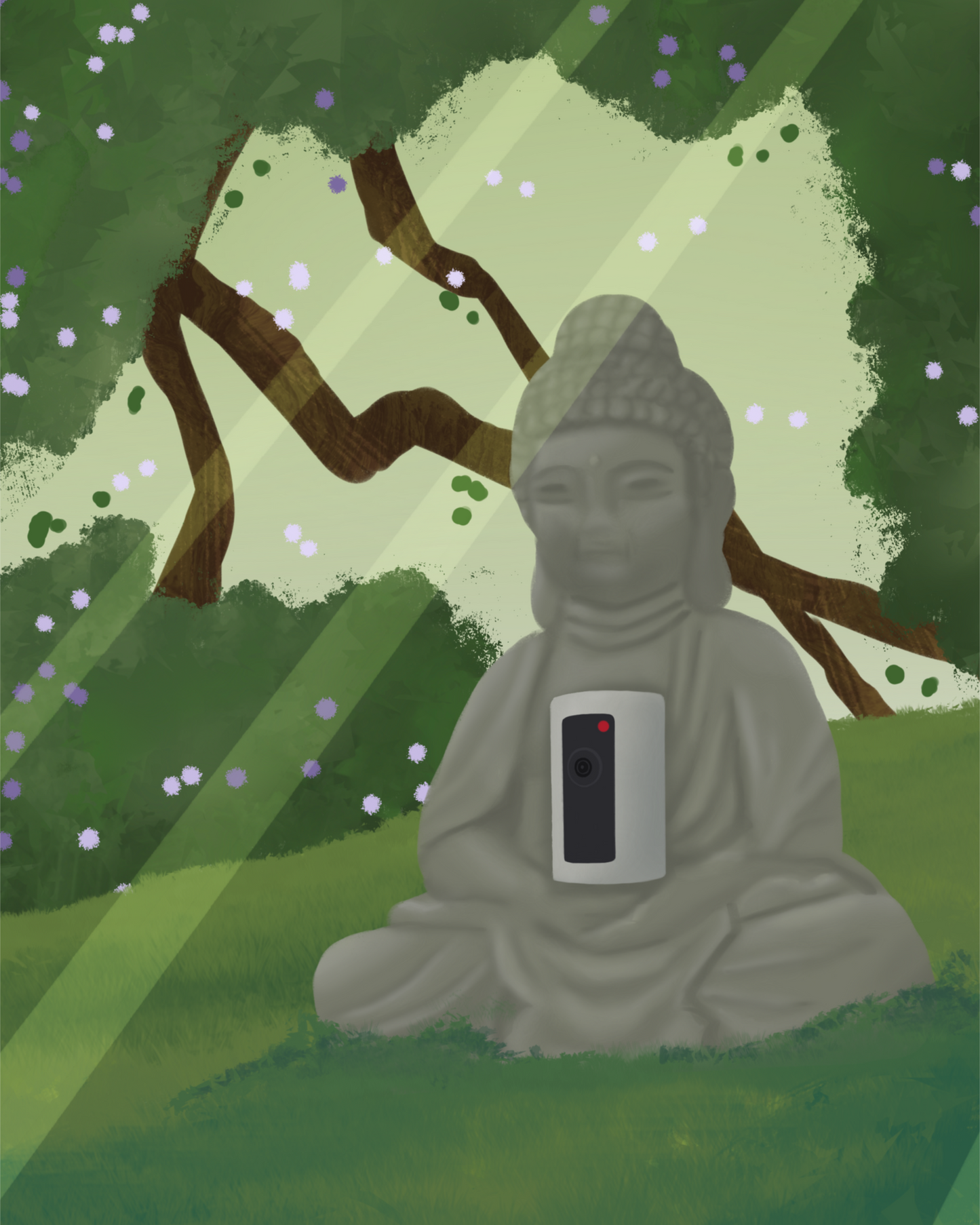 Illustration of a buddha statue with a security camera embedded into it, surrounded by trees, grass, and sunlight.