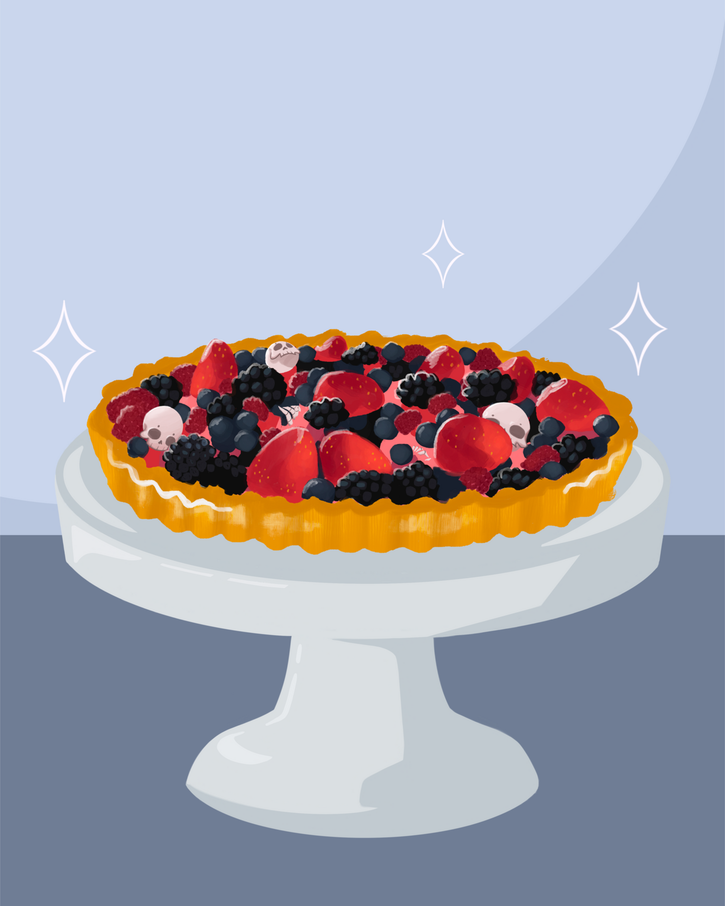 Illustration of a fruit tart filled with strawberries, blackberries, raspberries, blueberries, tiny skulls, and tiny hand bones on a gray cake stand against a light blue and dark blue background. Three sparkles surround the fruit tart.