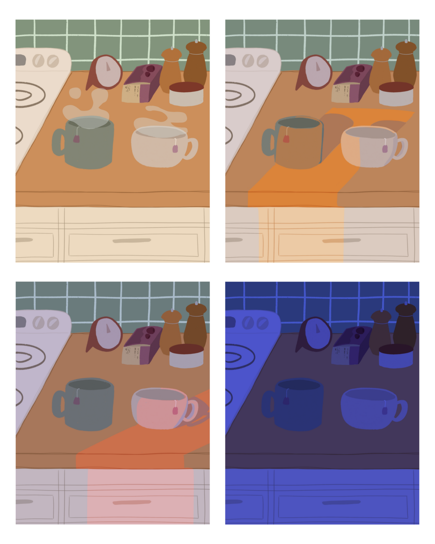 Four illustrations of a kitchen counter with two mugs holding tea bags in various lighting (morning, noon, evening and night). In the background are two pepper grinders, a tea box, a salt dish, and a timer. On the left is a white stovetop, white cabinet drawers at the bottom, and green tiles for the backsplash.