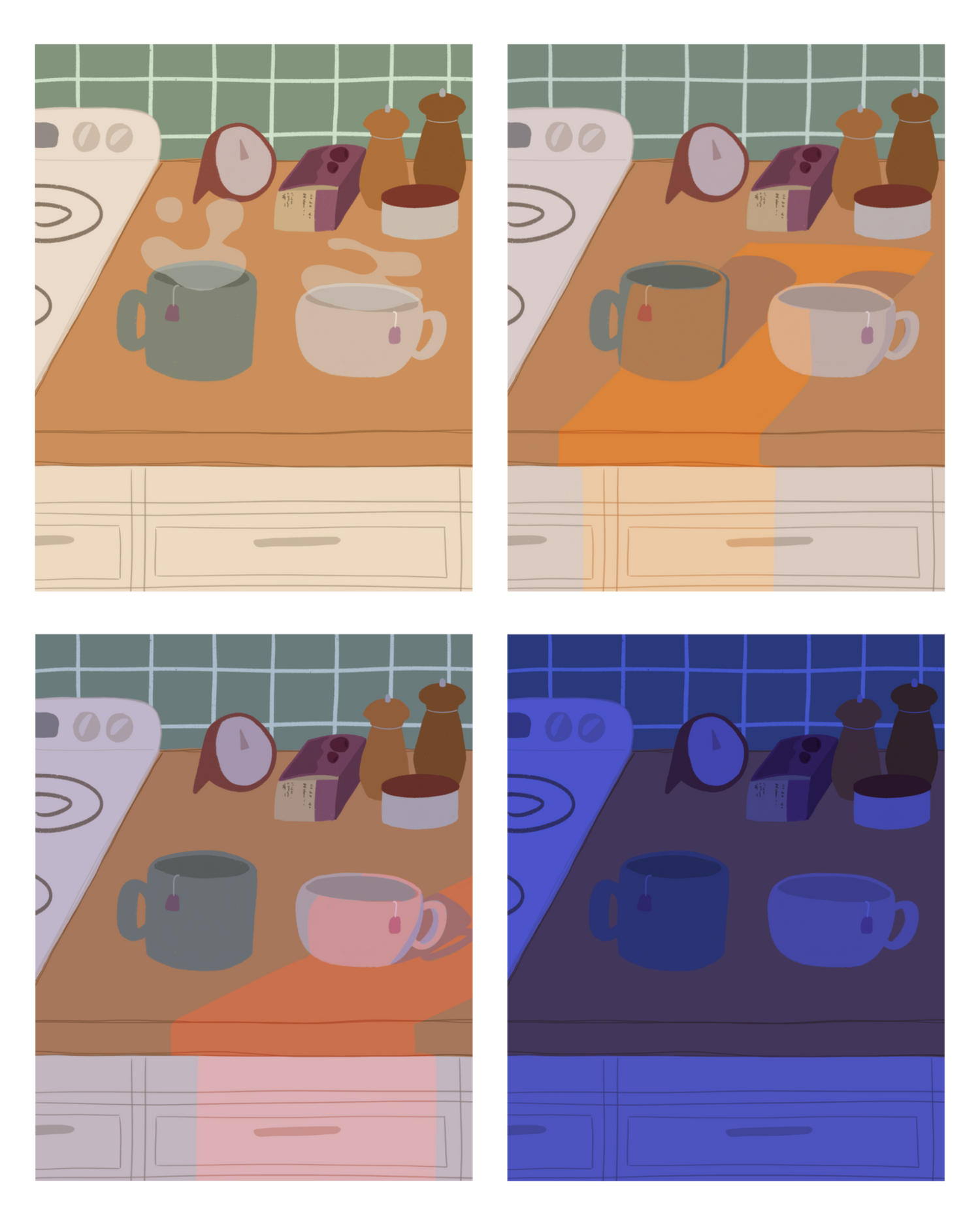 Four illustrations of a kitchen counter with two mugs holding tea bags in various lighting (morning, noon, evening and night). In the background are two pepper grinders, a tea box, a salt dish, and a timer. On the left is a white stovetop, white cabinet drawers at the bottom, and green tiles for the backsplash.