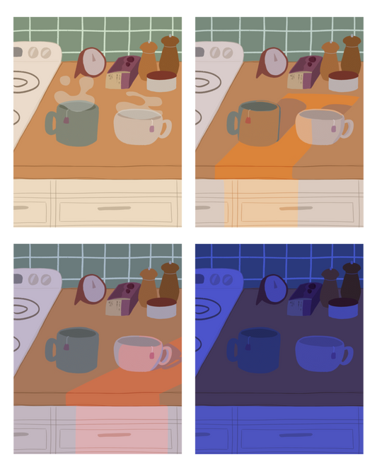 Four illustrations of a kitchen counter with two mugs holding tea bags in various lighting (morning, noon, evening and night). In the background are two pepper grinders, a tea box, a salt dish, and a timer. On the left is a white stovetop, white cabinet drawers at the bottom, and green tiles for the backsplash.