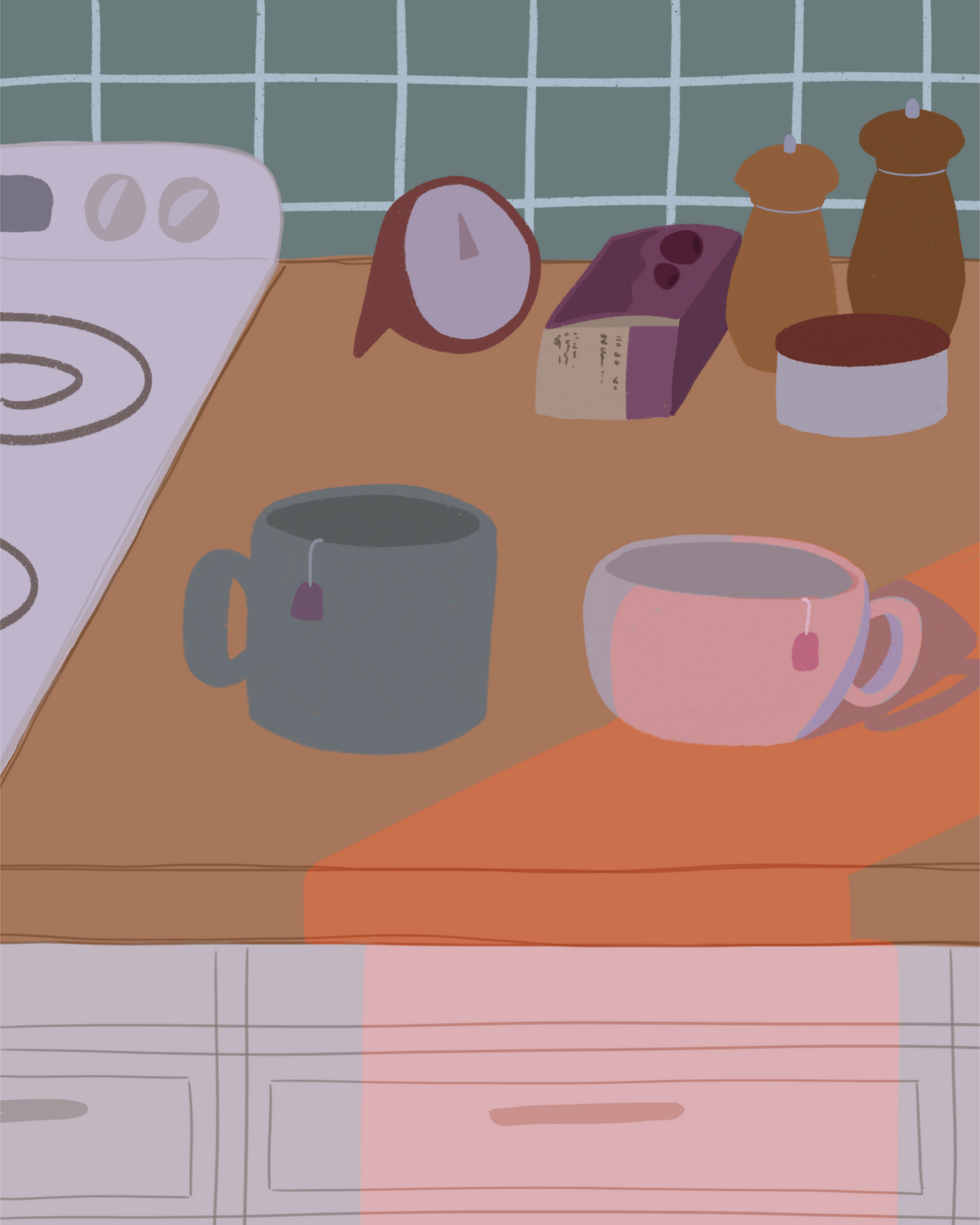 Illustration of a kitchen counter with two mugs holding tea bags in cool evening lighting. In the background are two pepper grinders, a tea box, a salt dish, and a timer. On the left is a white stovetop, white cabinet drawers at the bottom, and green tiles for the backsplash.