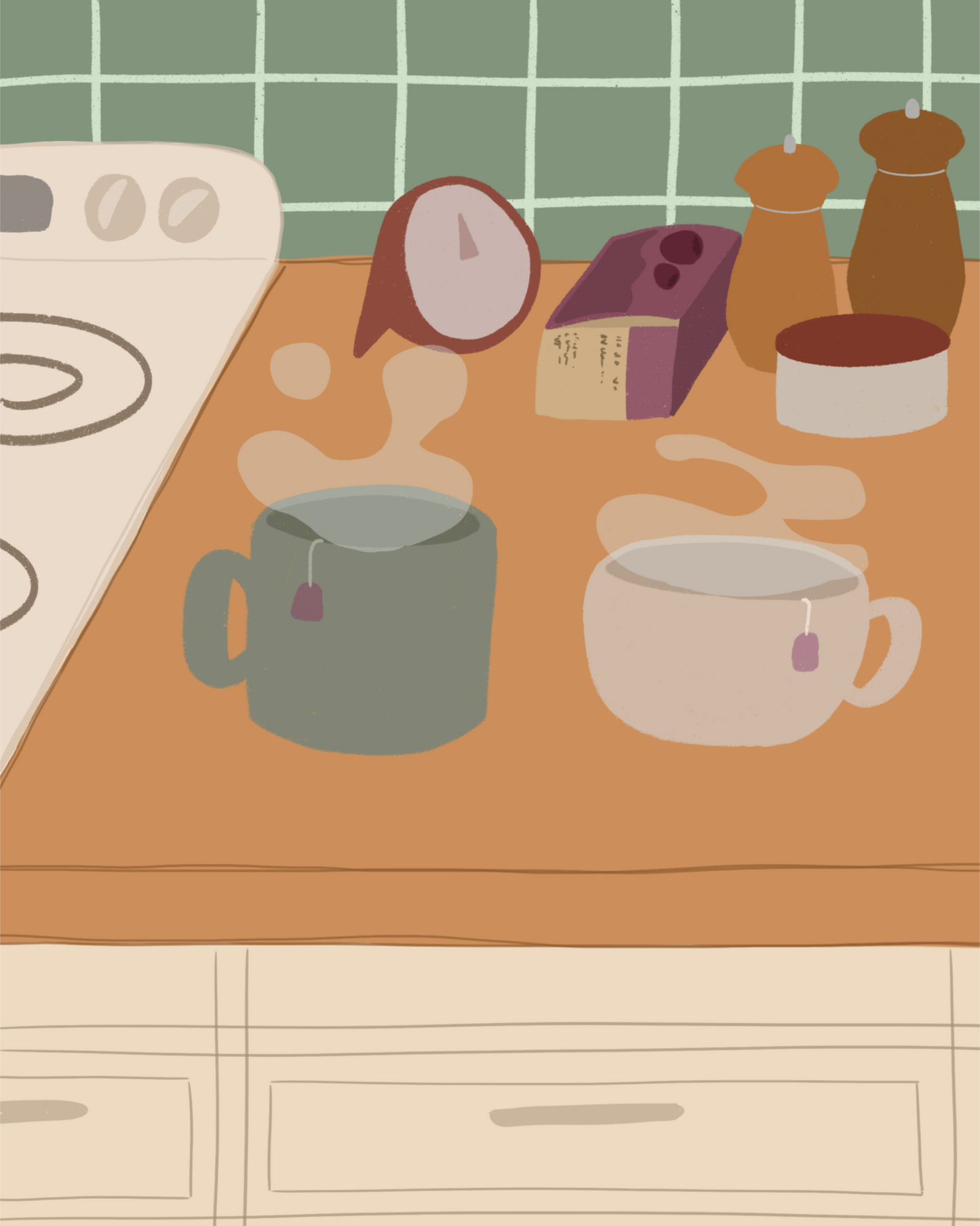 Illustration of a kitchen counter with two steaming mugs holding tea bags in morning lighting. In the background are two pepper grinders, a tea box, a salt dish, and a timer. On the left is a white stovetop, white cabinet drawers at the bottom, and green tiles for the backsplash.