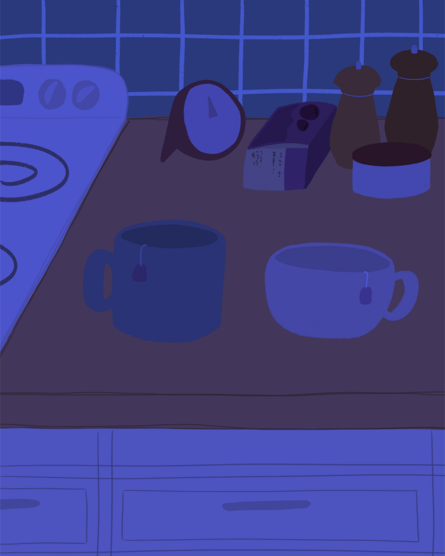 Illustration of a kitchen counter with two mugs holding tea bags in blue night lighting. In the background are two pepper grinders, a tea box, a salt dish, and a timer. On the left is a white stovetop, white cabinet drawers at the bottom, and green tiles for the backsplash.